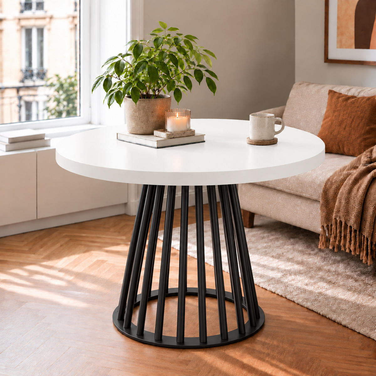 ESSTISCH rund ausziehbar 90/190/76 cm, Weiß, 54 cm Tischplatte + Lamellen-Metallgestell Schwarz - Schwarz/Weiß, Holzwerkstoff/Metall (90/190/76cm) - Damale Möbel