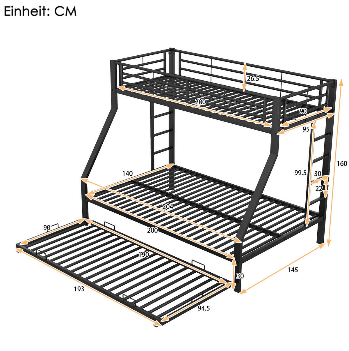 ETAGENBETT 90/140/200 cm aus Metall in Schwarz mit Ausziehbett - Schwarz, Metall (90/190cm) - OKMYHOME