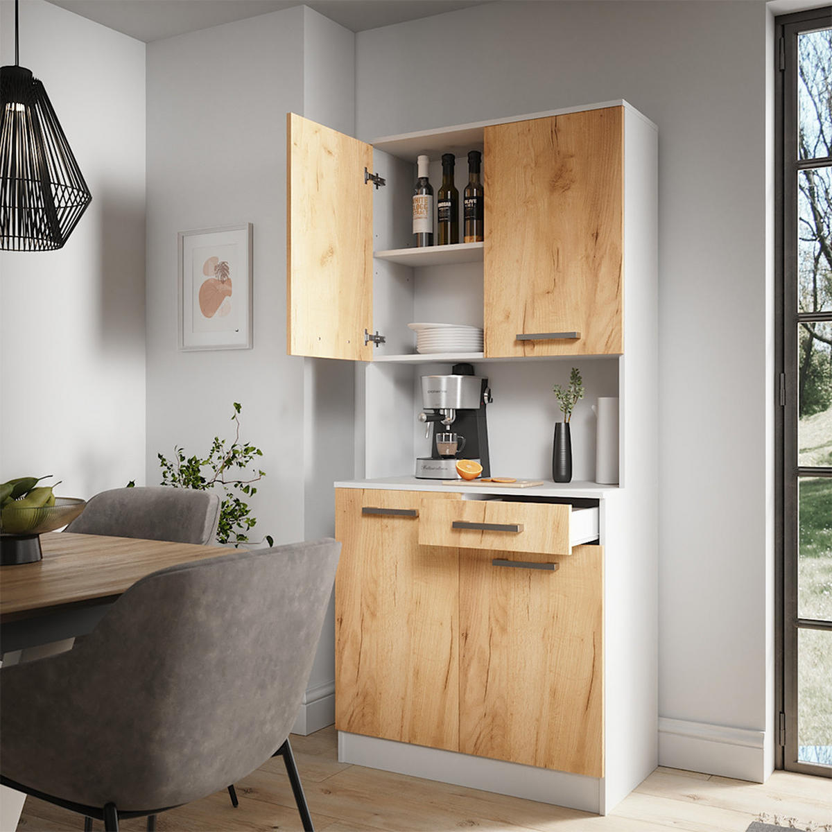 KÜCHENBUFFET Raul Weiß/Goldkraft Eiche 83.6 x 188.5 cm mit 4 Türen & 1 Schublade - Honigeiche/Eiche Wotan, Holzwerkstoff (83.6/188.5/46cm) - Vicco