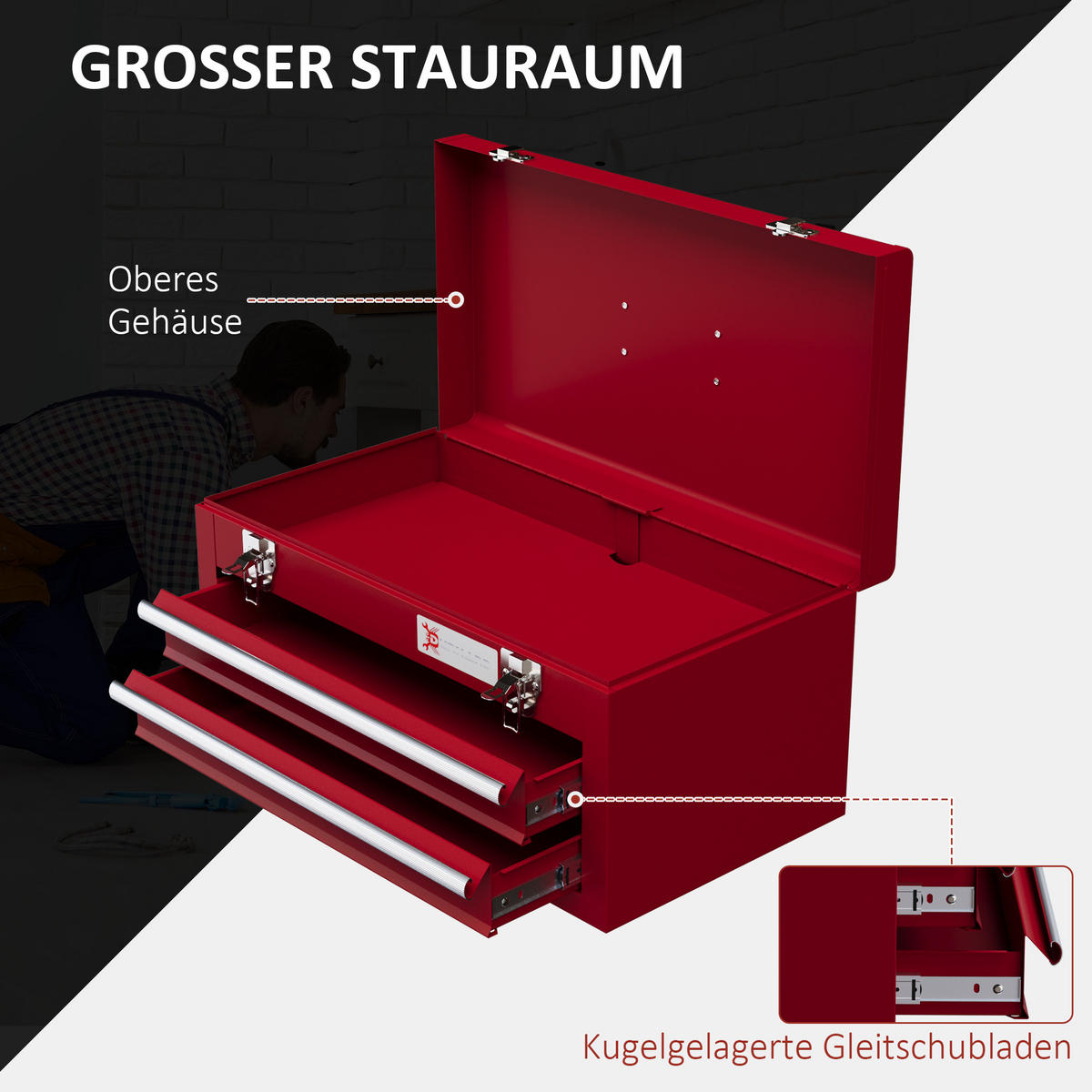 WERKZEUGKOFFER leer, 46 x 24 x 22 cm Werkzeugkasten mit 2 Schubladen Rot - Rot, Metall (24/22/46cm) - DURHAND