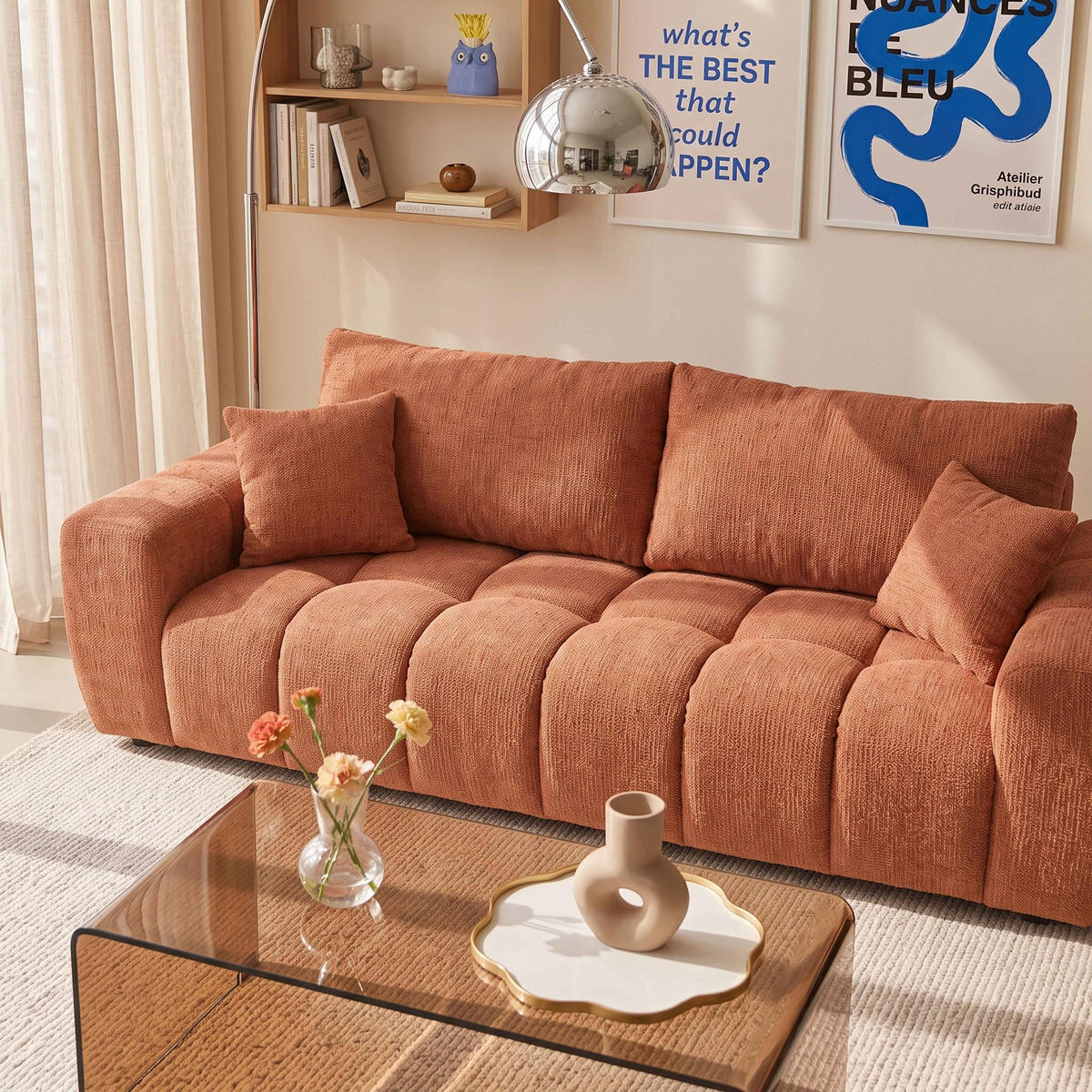 SOFA 3-Sitzer, Terrakotta - Rot, Holz/Textil (238/90/100cm) - Oviala