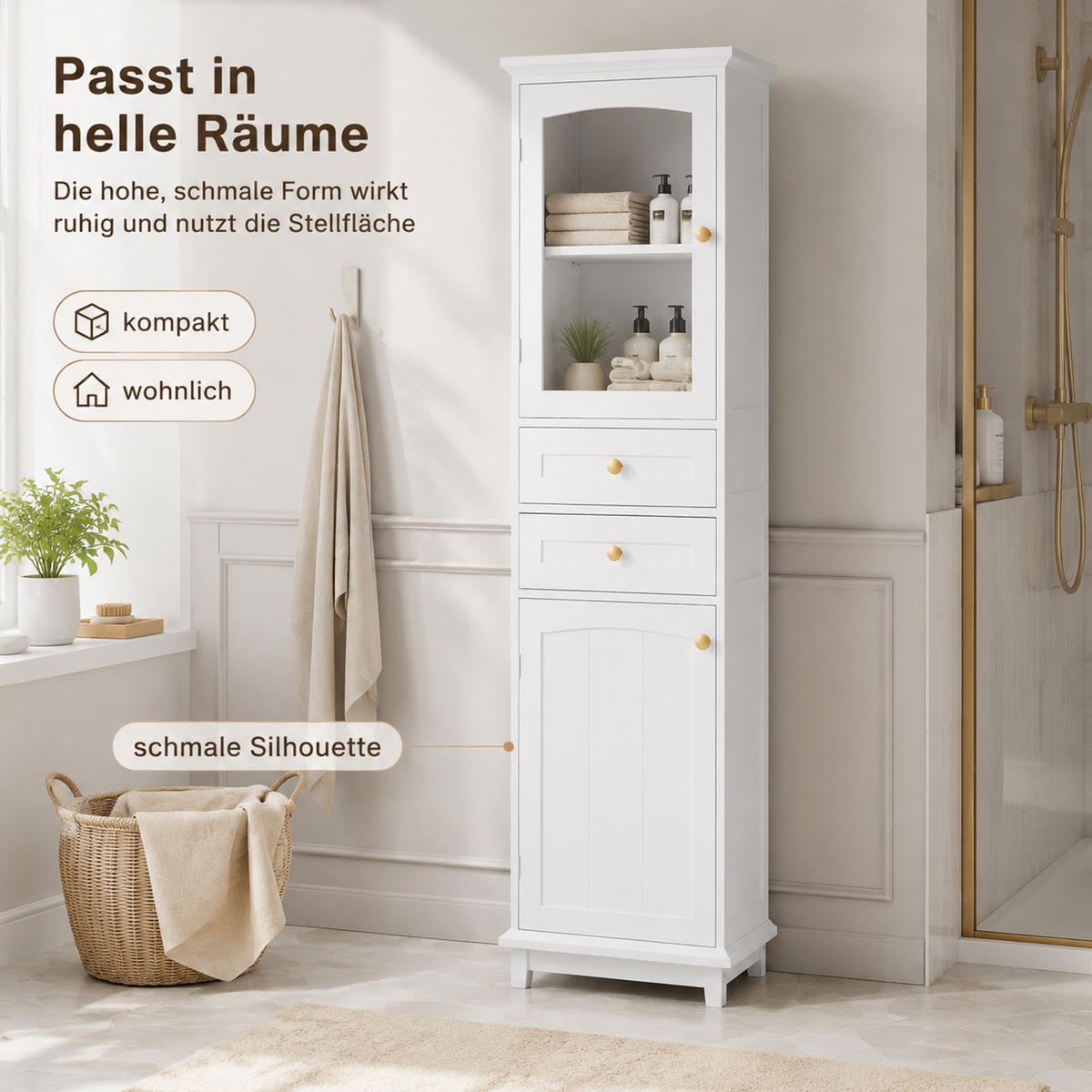 VITRINE 45/36/160 cm aus MDF und Glas mit 2 Schubladen und verstellbaren Einlegeböden Weiß - Weiß, Holzwerkstoff (45/160/36cm) - Modenvie