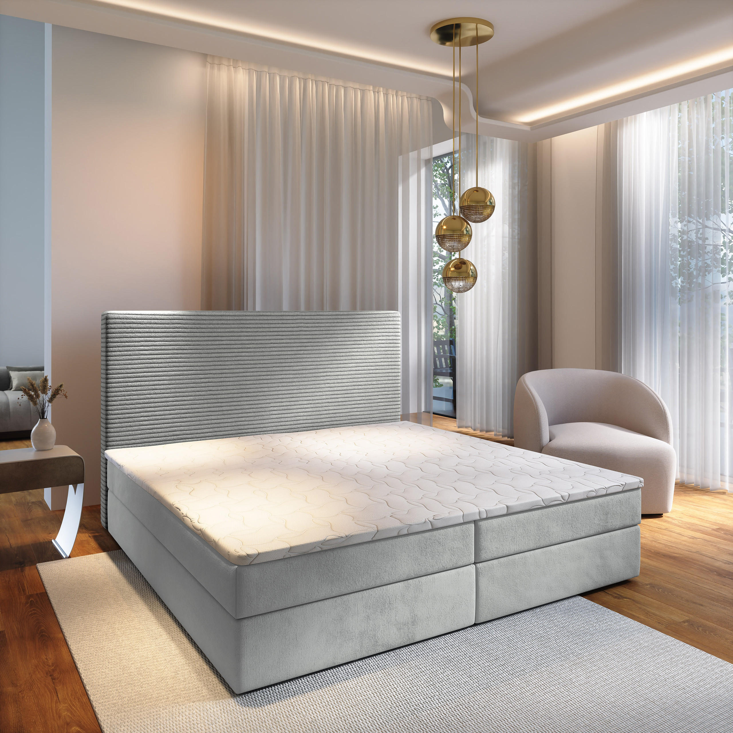 BOXBETT GIARRO 140x200 cm mit Matratze und Topper - Hellgrau - Hellgrau, Holz (140/200cm) - MASSENO