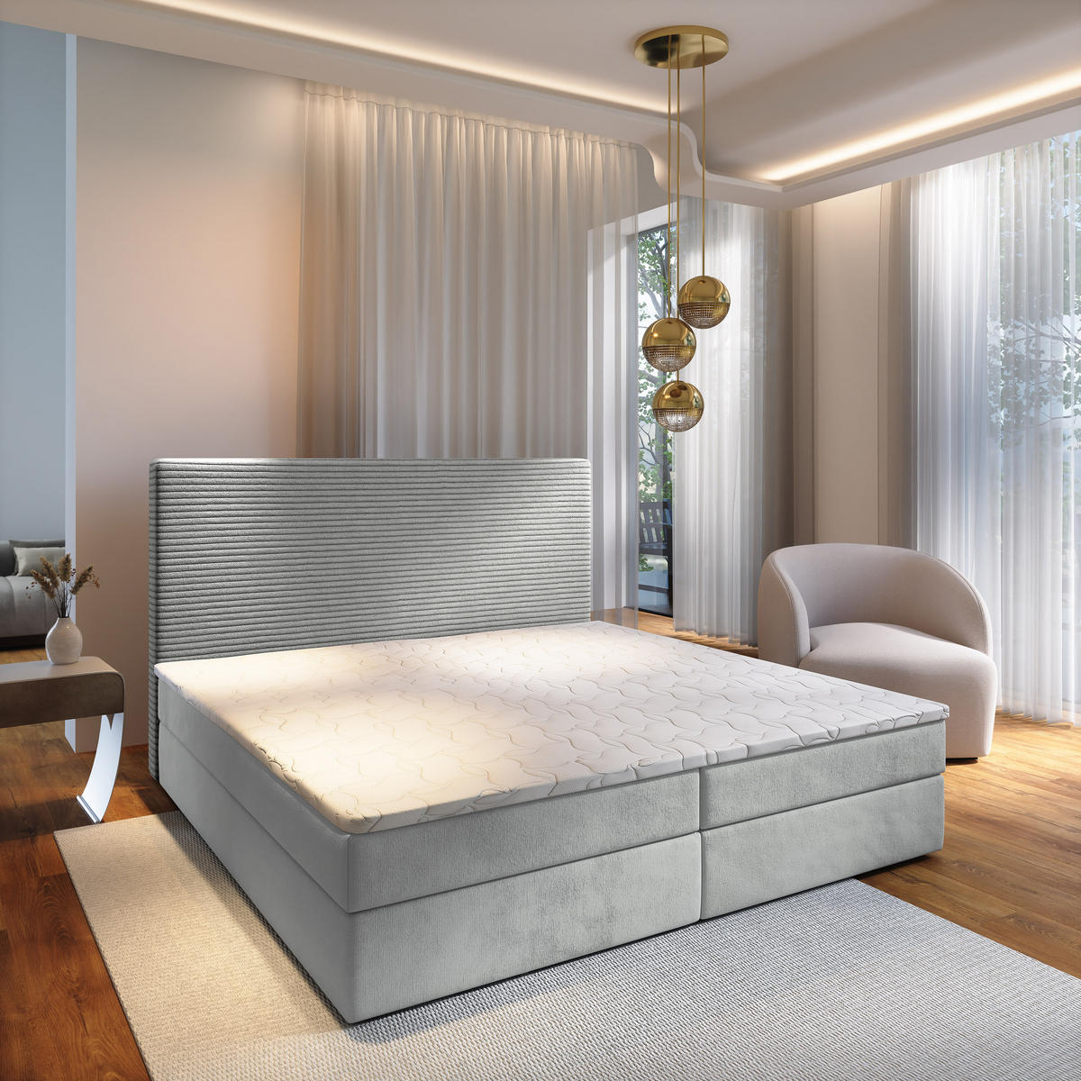 BOXBETT GIARRO 180x200 cm mit Matratze und Topper - Hellgrau - Hellgrau, Holz (180/200cm) - MASSENO