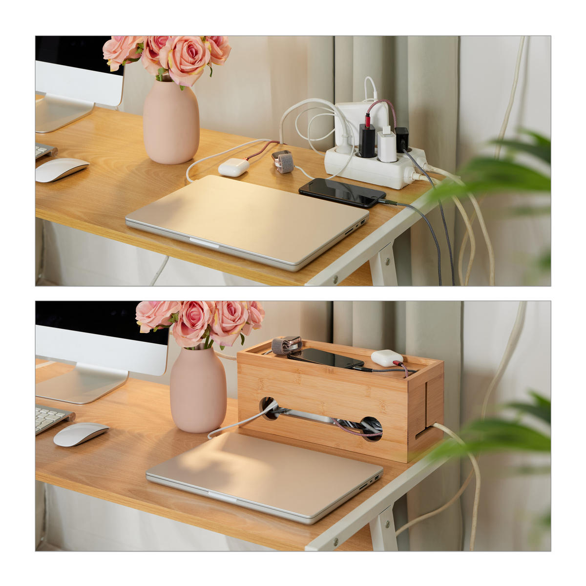 KABELBOX - Hellbraun, Holz (14/34.5/14cm) - Relaxdays