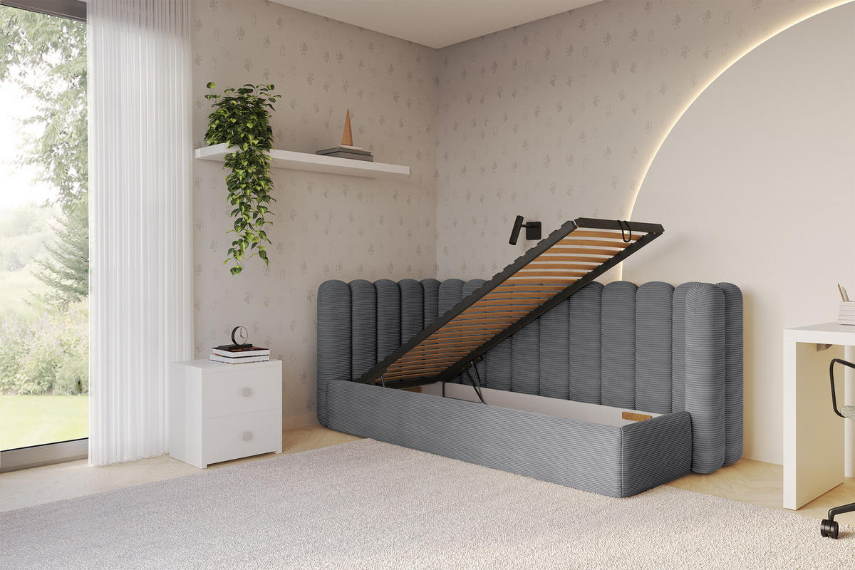 EINZELLBETT Jugendbett mit Bettkasten und Matratze H3/H4, Rechts - HUGY 100x200 Dunkelgrau - Schieferfarben, Holzwerkstoff/Textil (100/200cm) - ALTDECOR