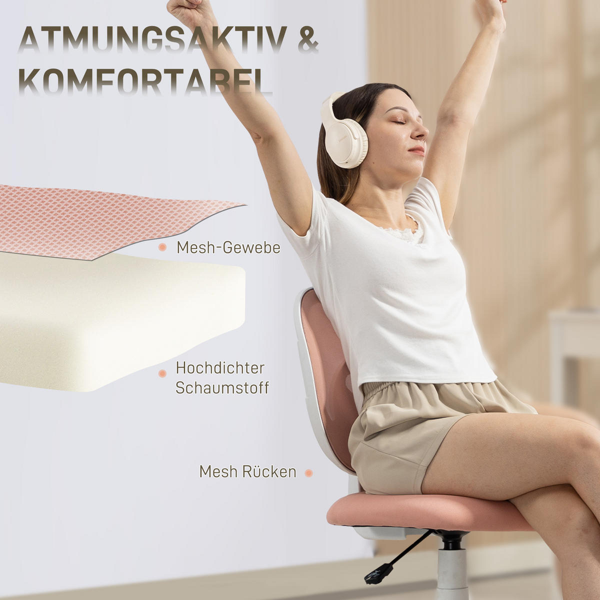 BÜROSTUHL Ergonomischer Schreibtischstuhl mit C-förmiger Rückenstütze, Rosa - Rosa/Weiß, Textil (53/89/59.5cm) - HOMCOM