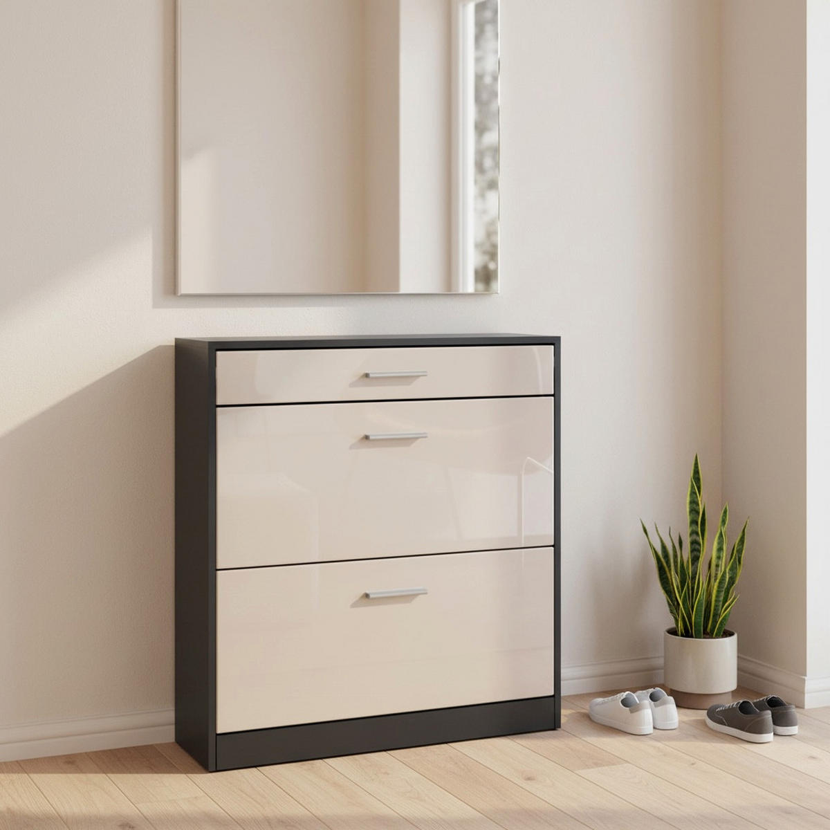 SCHUHSCHRANK Roma Schmal mit 2 Klappen und 1 Schublade, Platzsparender Schuhkipper, Schwarz/Sandgrau Hochglanz (89 x 95,5 x 23 cm) - Beige, Holzwerkstoff (89/95.5/23cm) - InnoFurn