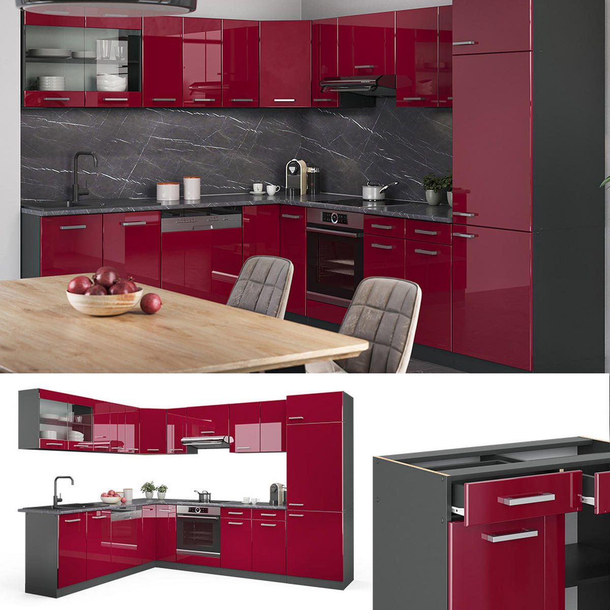 ECKKÜCHE R-Line Bordeaux Hochglanz/Anthrazit 227 x 287 cm, AP Marmor - Bordeaux/Anthrazit, Holzwerkstoff (287/81.6/60cm) - Vicco