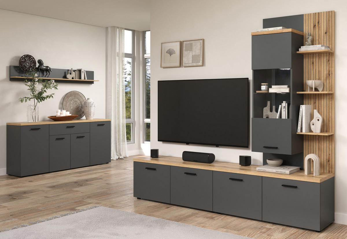 SIDEBOARD grau, Evoke Eiche 180 cm 4-türig, TV Unterteil in modernem Design - Eichefarben/Anthrazit, Holzwerkstoff/Kunststoff (180/85/42cm) - Top.Furn