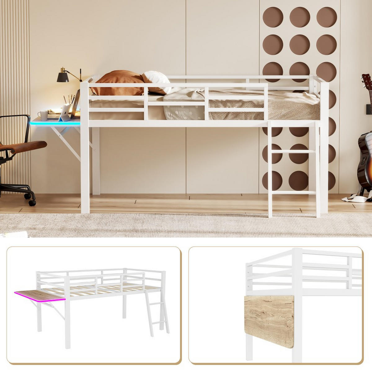 METALLBETT 90 x 200 cm in Weiß mit LED-Lichtband - Weiß, Metall (90/200cm) - KOMHTOM