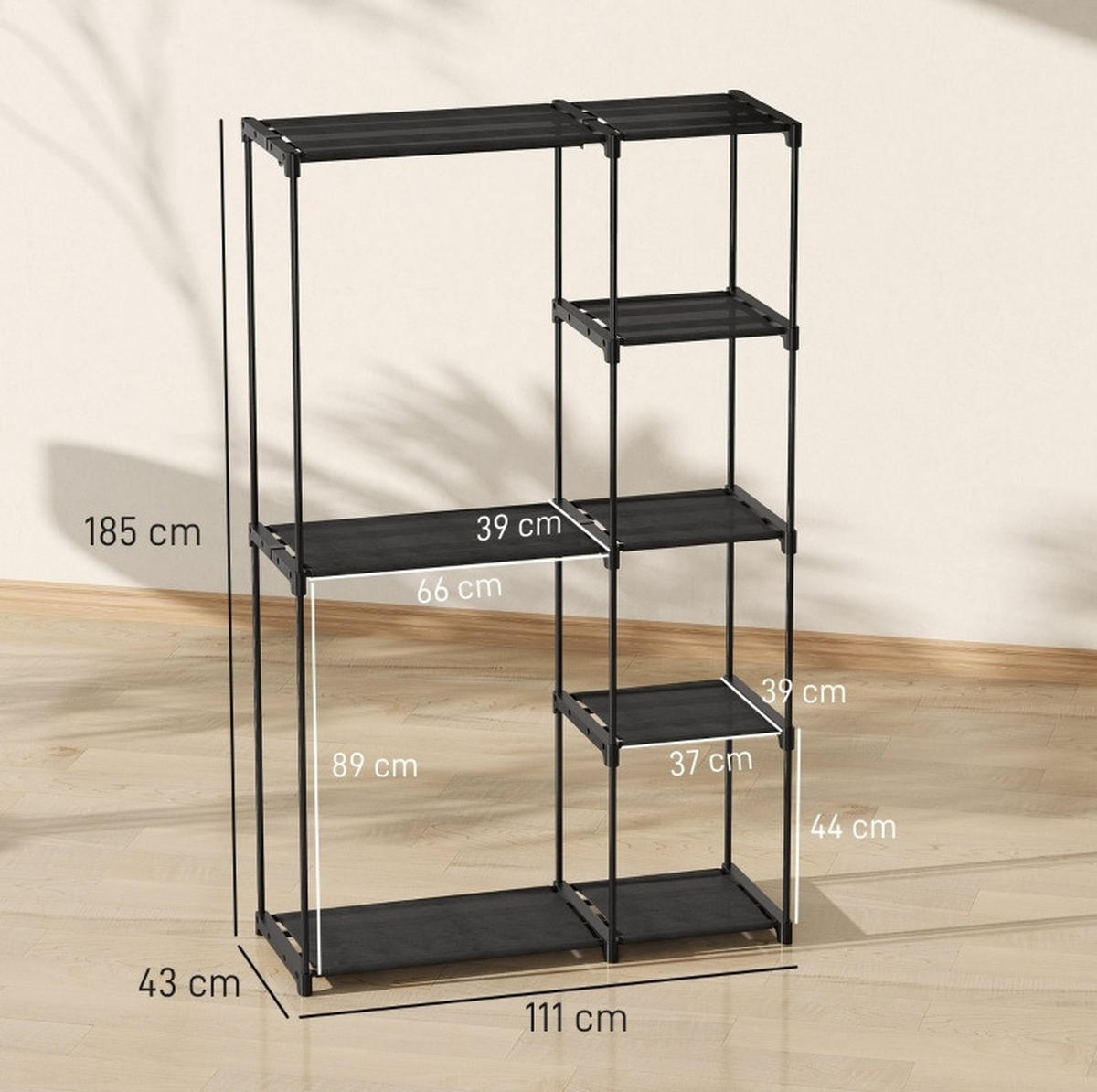 STOFFSCHRANK mit Kleiderstangen & 6 Ablagen, 111/43/185 cm, Schwarz - Schwarz, Metall (43/185/111cm) - Redom