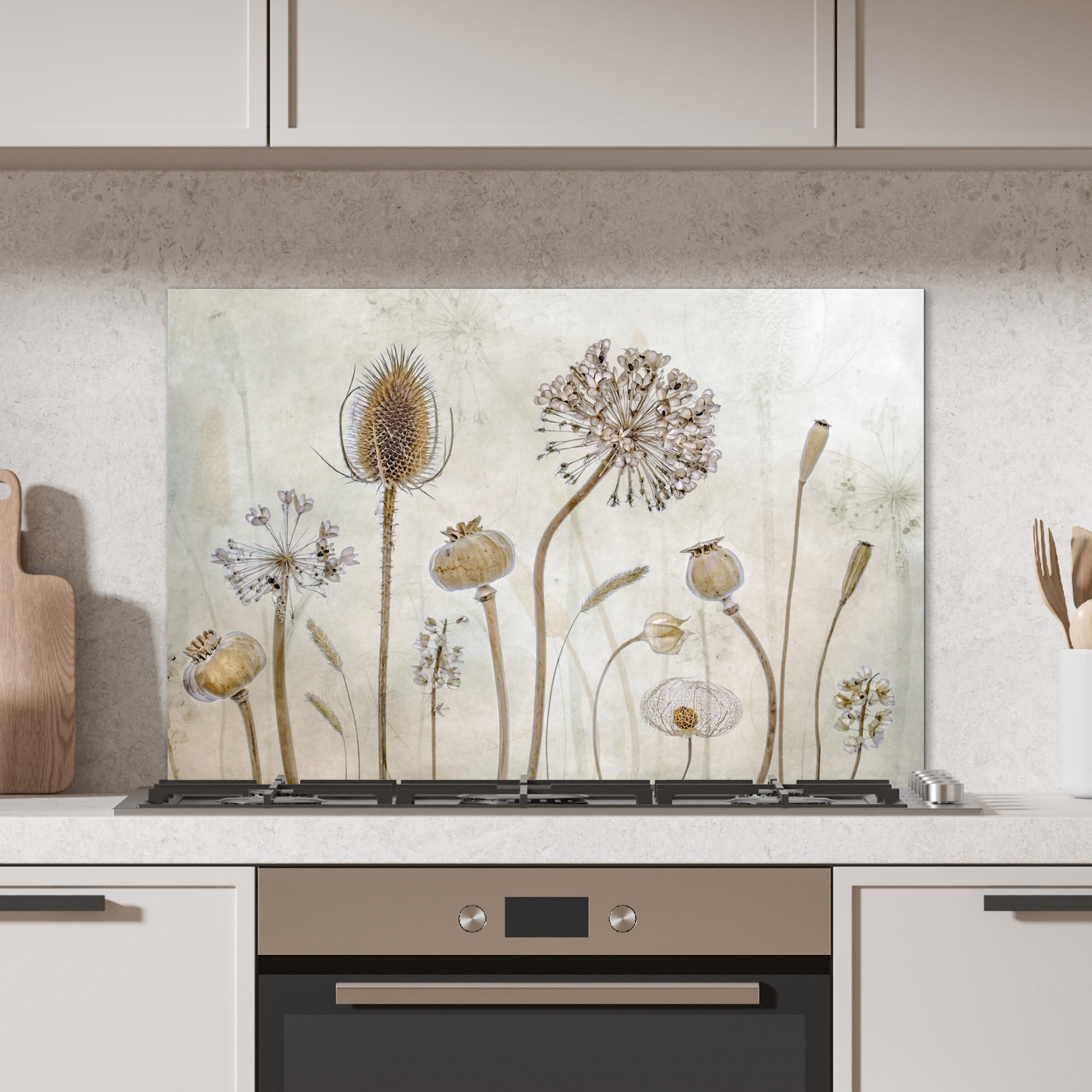 SPRITZSCHUTZ KÜCHE Blumen - Aquarell - Stilleben - Braun - Vintage 90x60 cm - Sandfarben, Metall (90/0.3/60cm) - MuchoWow