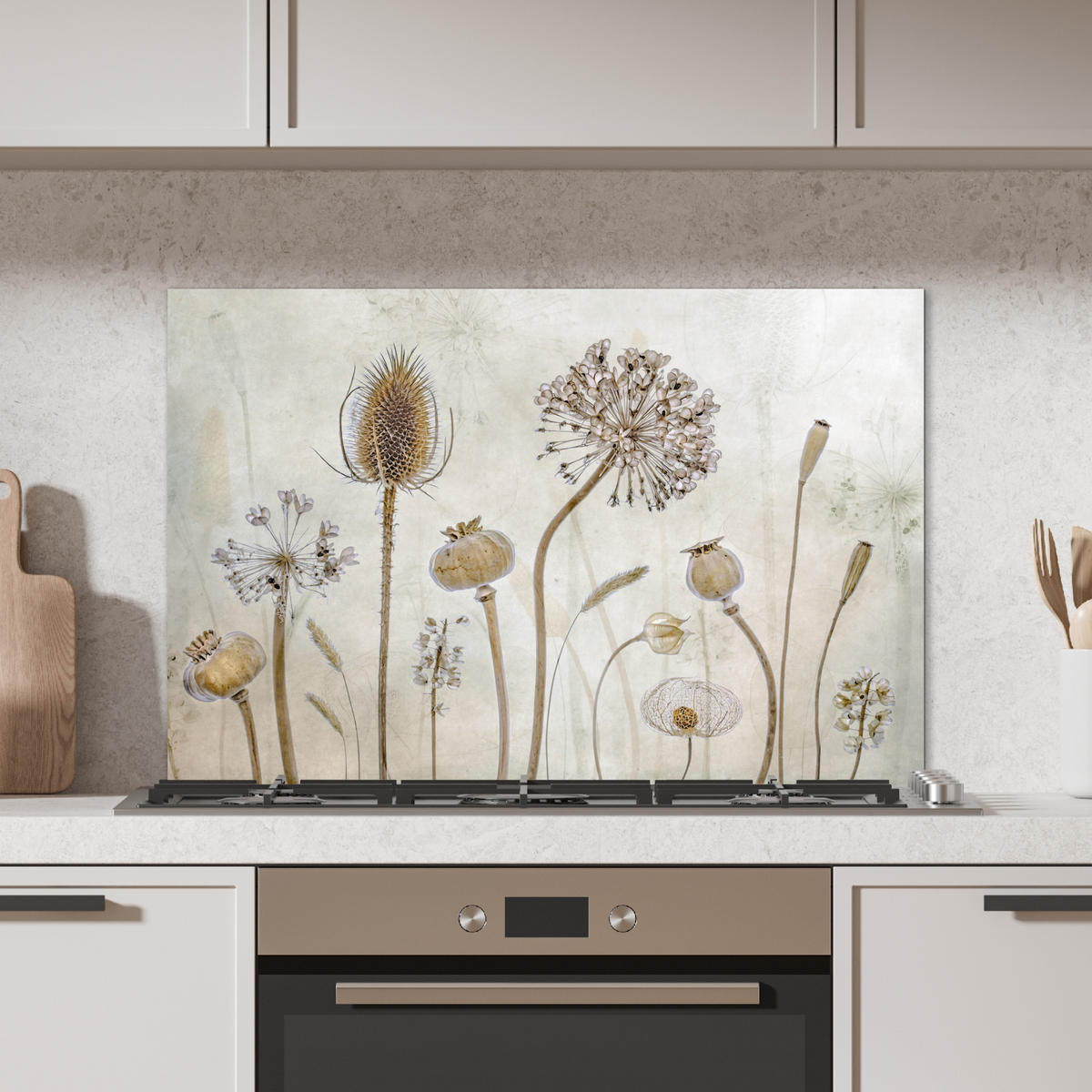 SPRITZSCHUTZ KÜCHE Blumen - Aquarell - Stilleben - Braun - Vintage 80x55 cm - Sandfarben, Metall (80/0.3/55cm) - MuchoWow