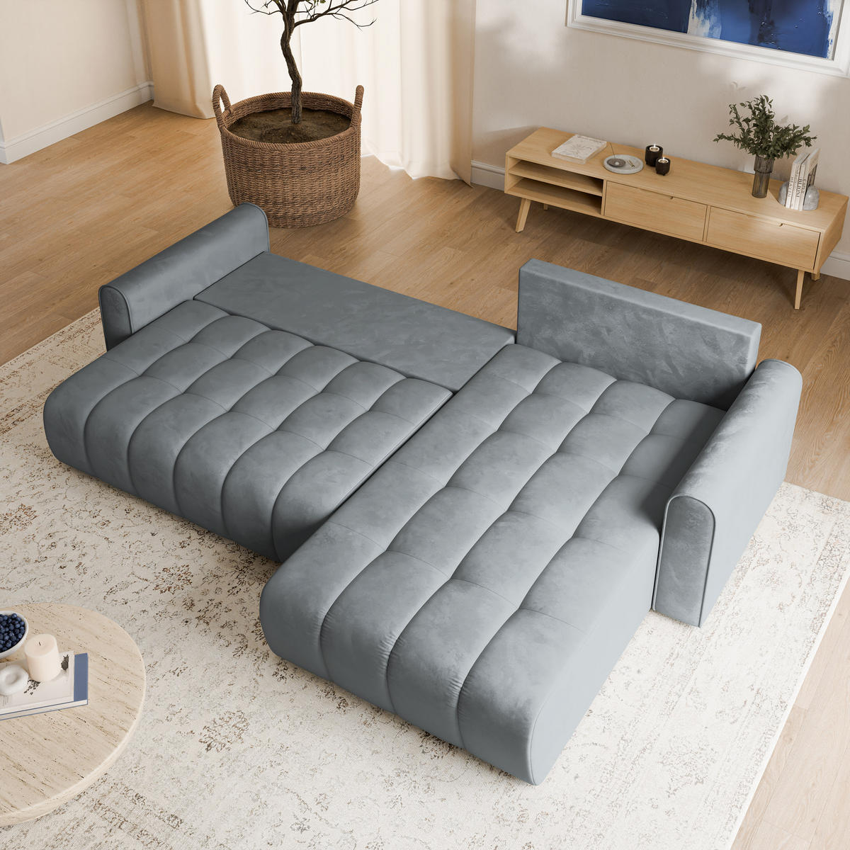 ECKSOFA FRIGA Grau Velours-Stoff mit Schlaffunktion - Grau, Holz (283/185cm) - MASSENO