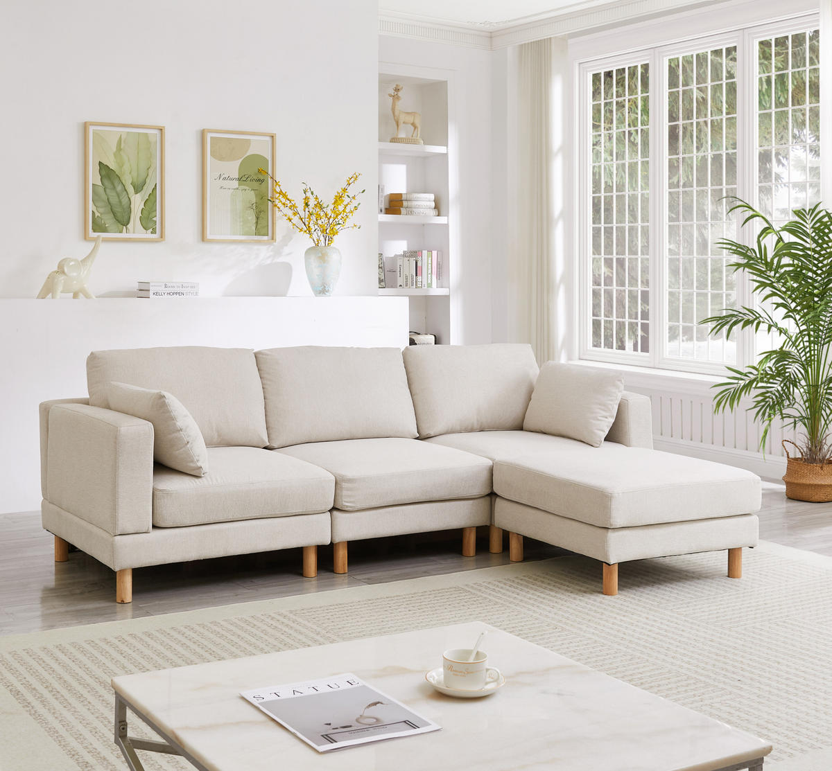 ECKSOFA 235/152/78 cm mit Hocker und flexibel montierbarer Chaiselongue, skandinavisches Design, Beige - Beige, Kunststoff (235/152cm) - Redom