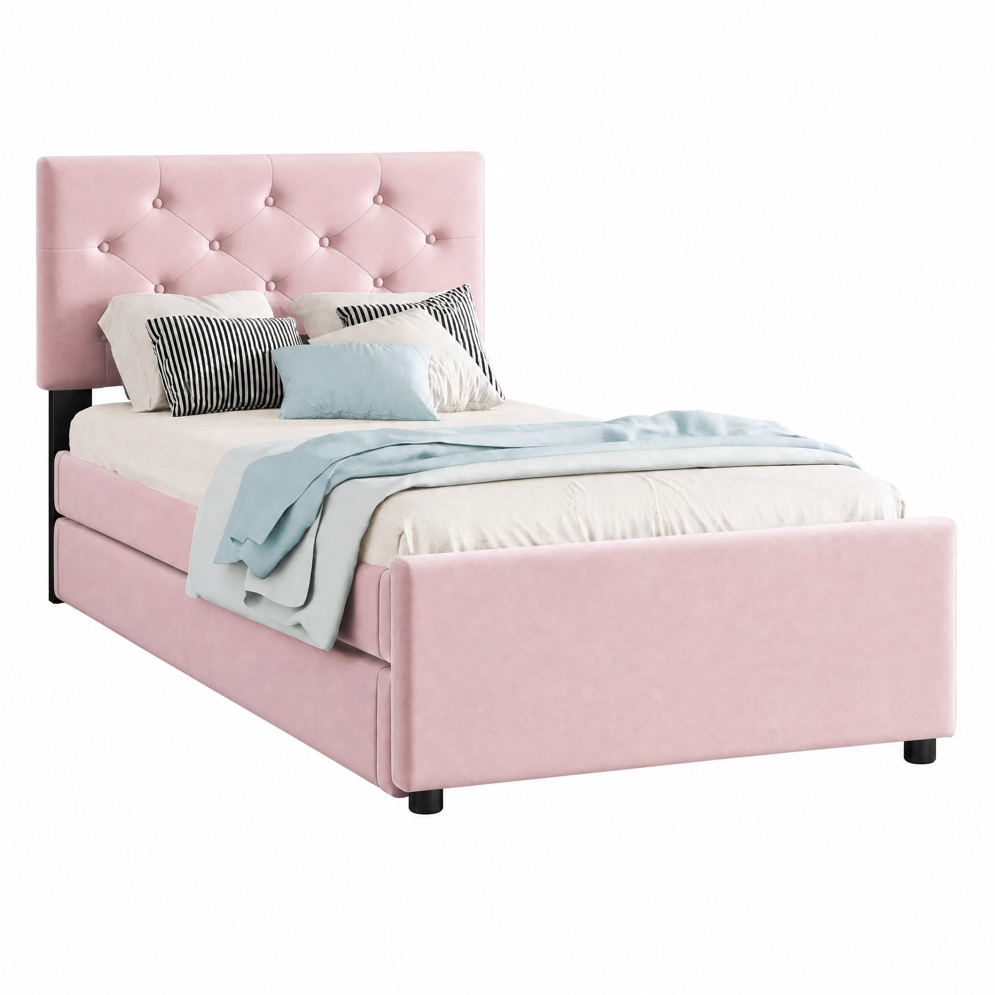 BETT mit Rollbett und Lattenrost 90x200 cm Samt Pink - Pink, Metall (90/200cm) - Meubliv
