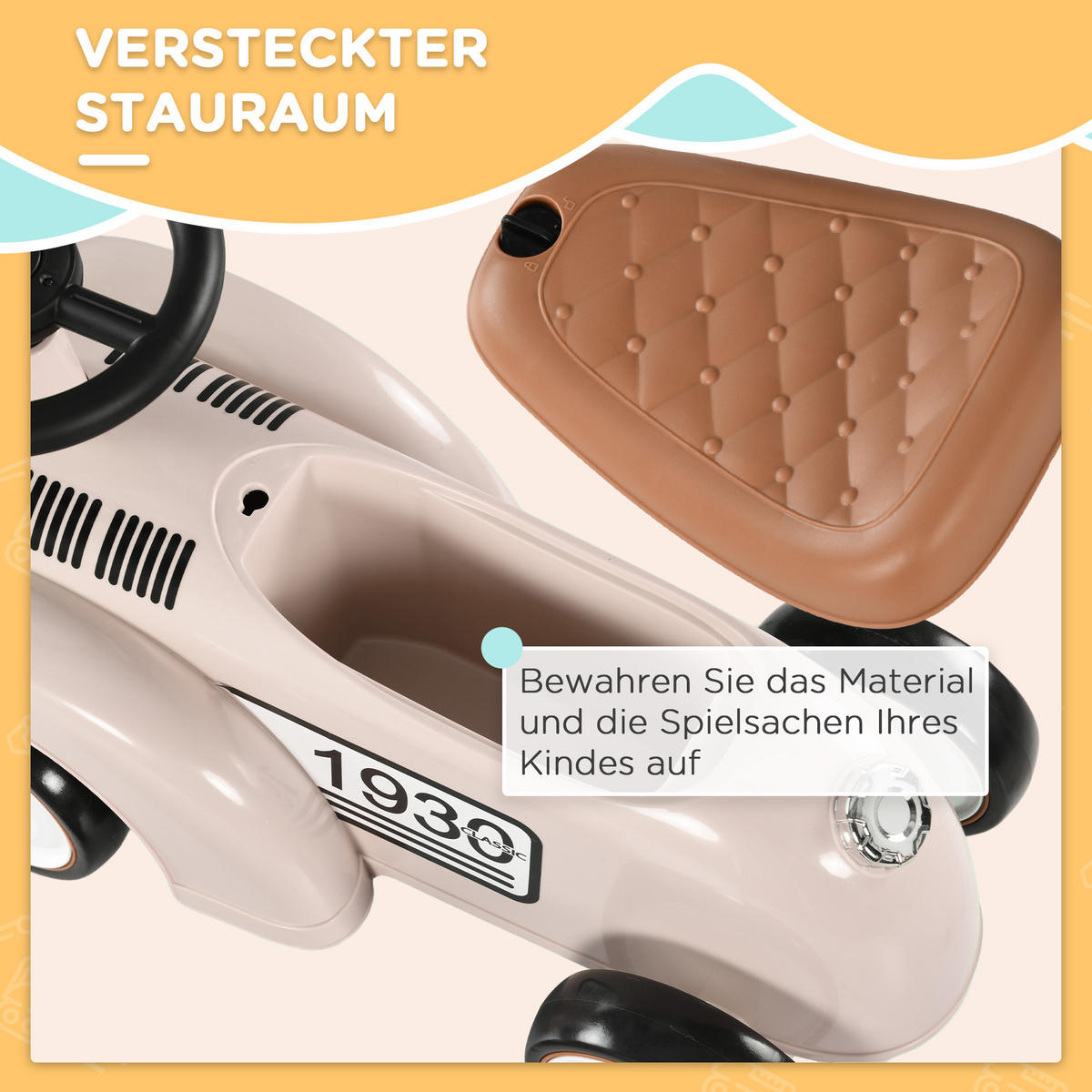 KINDER RUTSCHAUTO, Cremeweiß, Kunststoff+ Metall - Creme, Metall (58/27/35cm) - AIYAPLAY