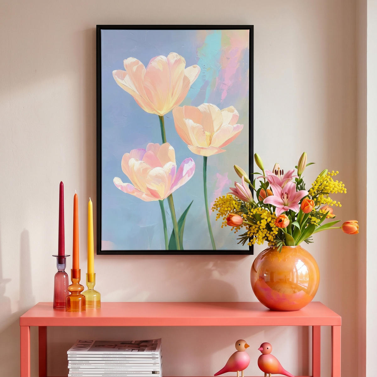 LEINWAND Bilder mit Rahmen - Tulpen - Rosa Akzente - Blau - 40x60 - Pastellblau, Textil (40/60cm) - MuchoWow