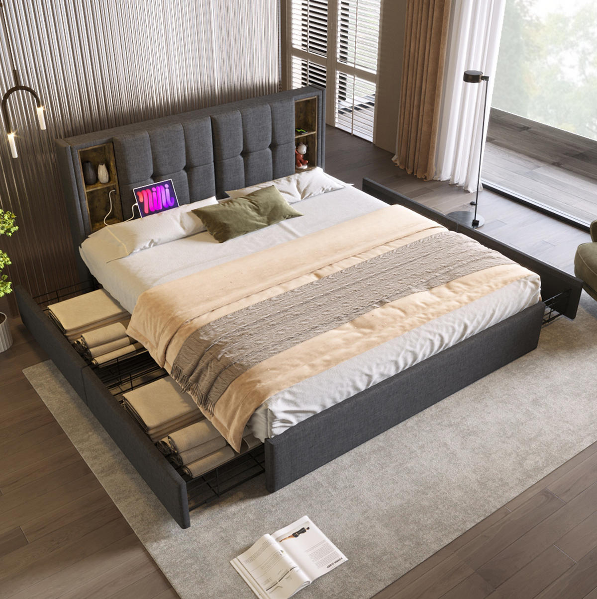 BETT mit 4 Schubladen und Ladestation 160x200 cm Leinen Grau - Grau, Metall (160/200cm) - Meubliv