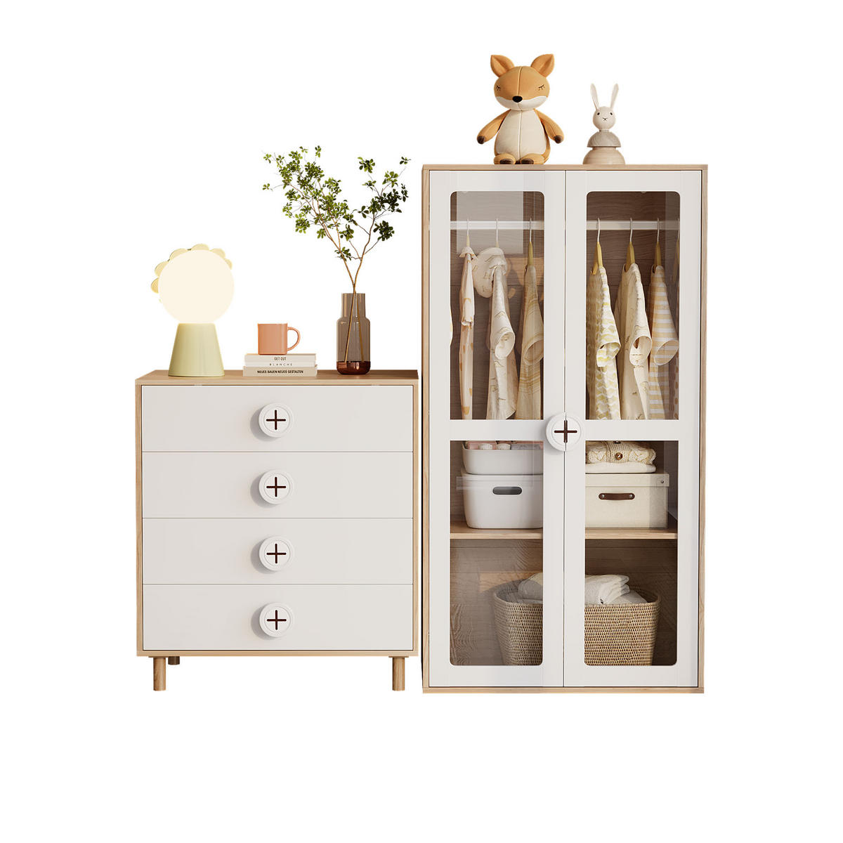 KLEIDERSCHRANK SET Weiß & Holz mit Kommode 2-tlg Möbelkombination - Sonoma Eiche, Glas/Holzwerkstoff (80/150/50cm) - Urban Meuble
