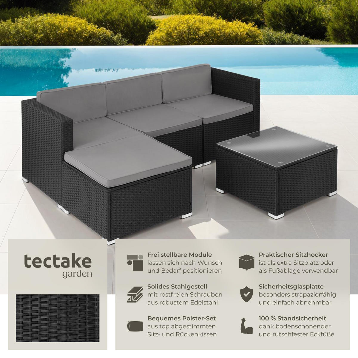 RATTANLOUNGE Lignano,variabel aufstellbar,schwarz - Schwarz, Kunststoff - tectake
