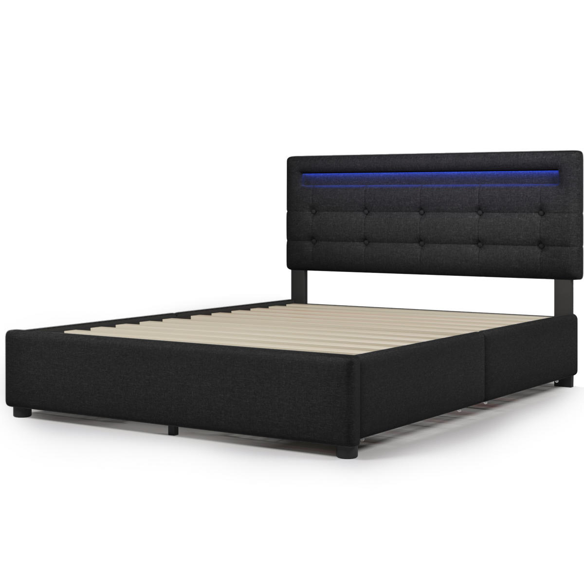 BETT mit LED und 4 Schubladen 140x200 cm Leinen Schwarz inkl. Matratze - Schwarz, Metall (140/200cm) - Meubliv