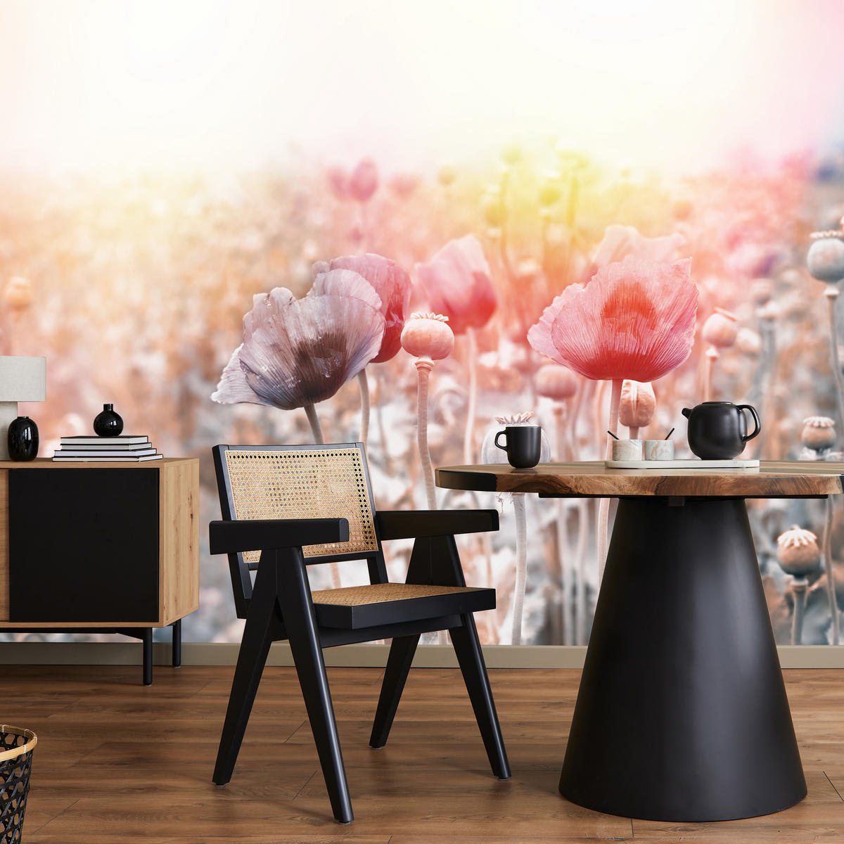 FOTOTAPETE für Wohnzimmer Mohnfeld Wiese Sonnenaufgang Natur 350x256 - Gelb/Rot, Papier (350/256cm) - Muralo