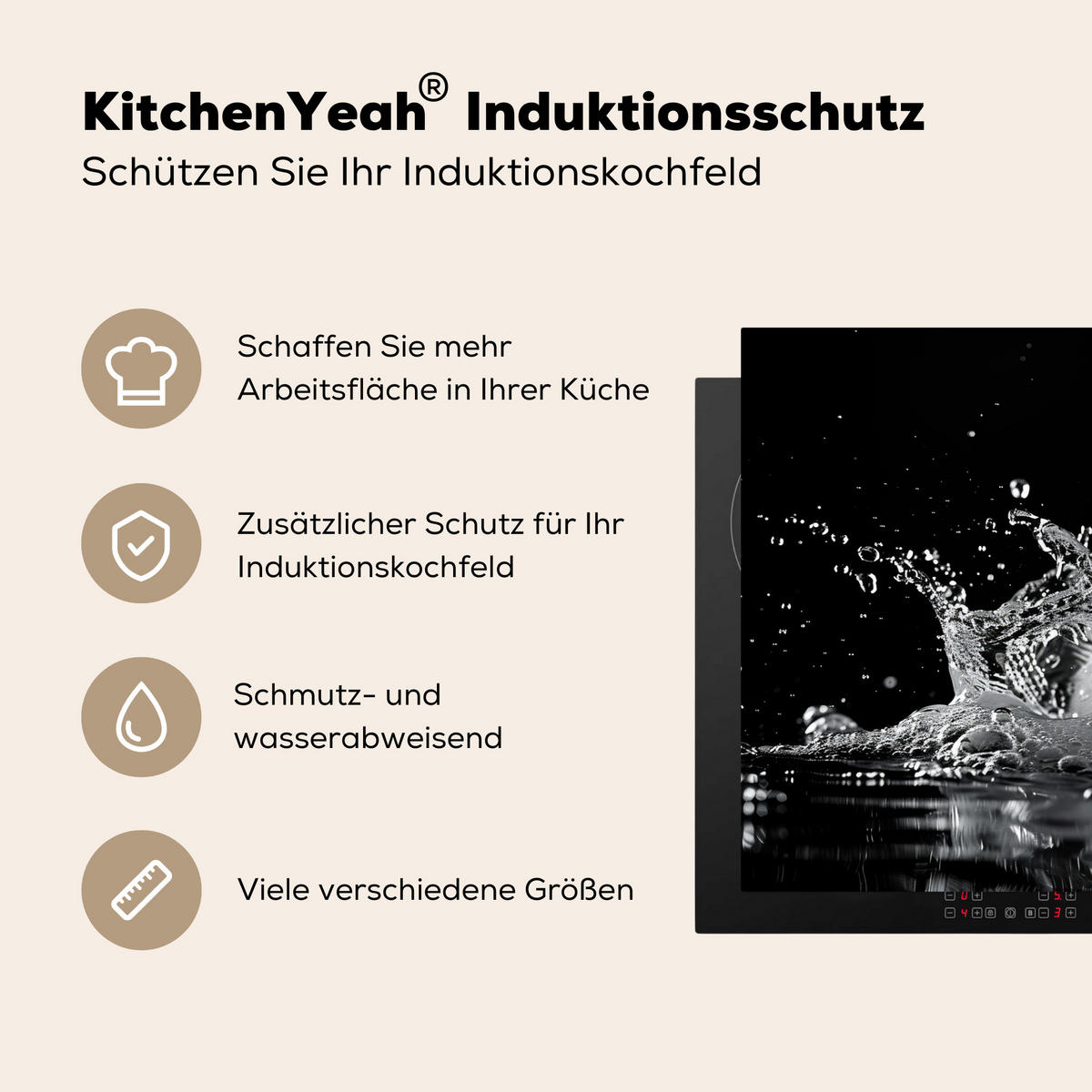 HERDABDECKPLATTE Wasser - Spritzwasser - Schwarz Induktionsmatte 77x51 cm - Schwarz, Kunststoff (77/51/0.2cm) - MuchoWow