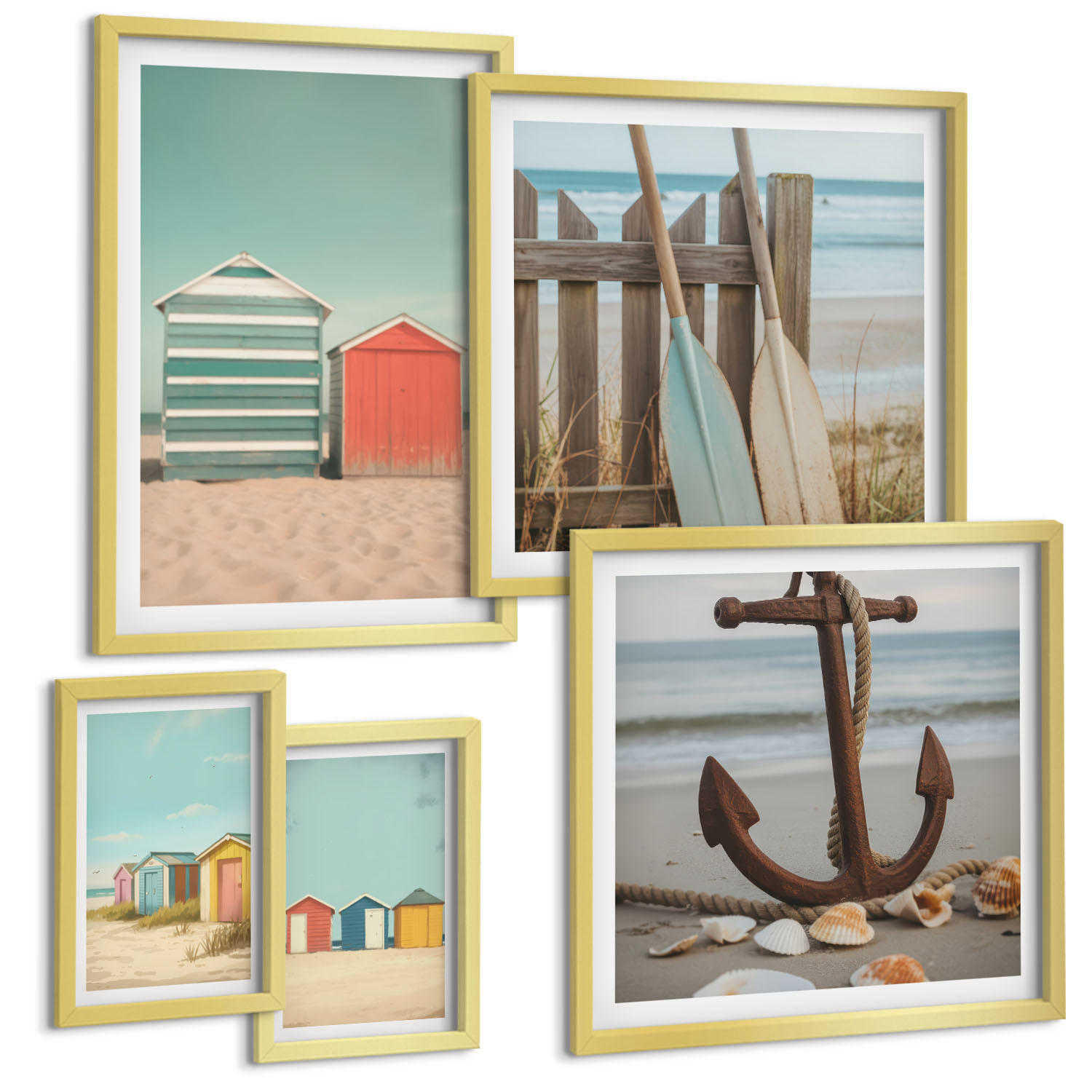 BILDER SET 5er Set - 50x50 cm & 20x30 cm & 40x60 cm Goldrahmen - Bunte Häuser, Strand, Sonne - Goldfarben, Kunststoff (40/60cm) - TULUP