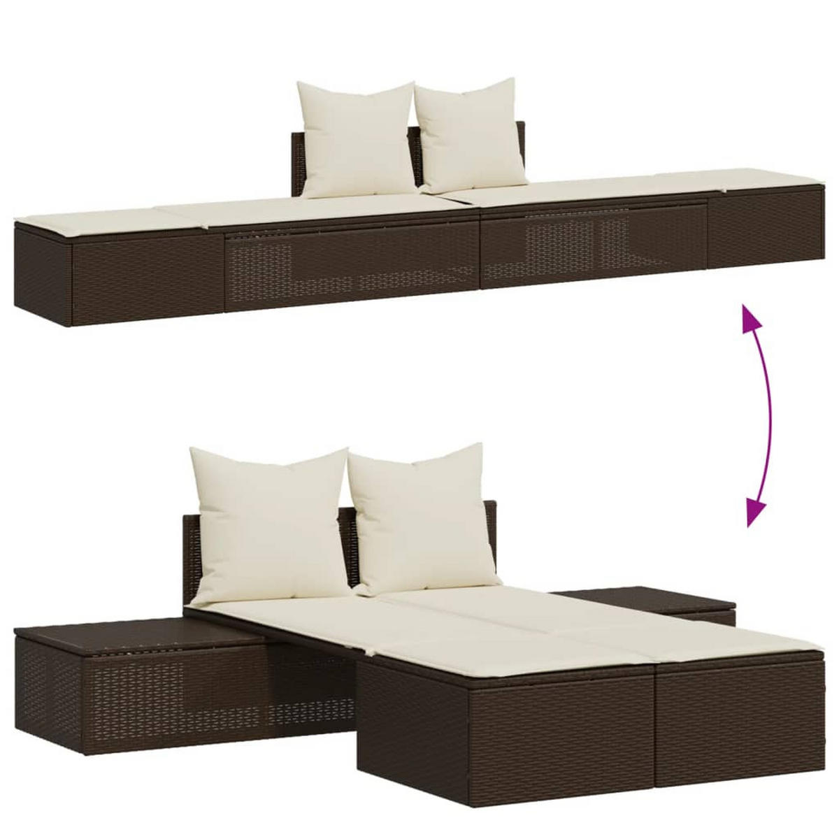 DOPPEL-SONNENLIEGE Mit Auflagen Braun Poly Rattan - Creme, Kunststoff (162/30/104cm) - vidaXL