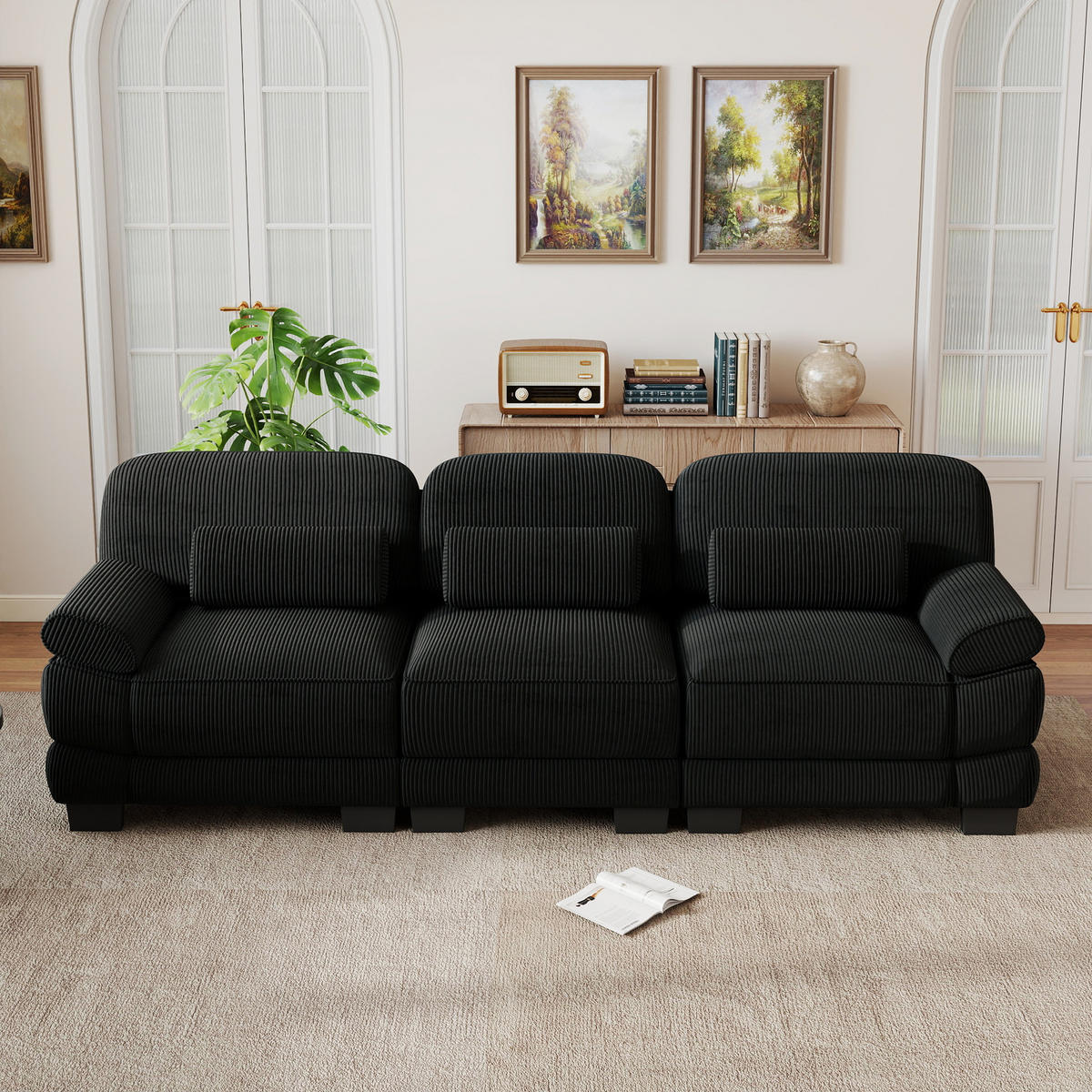 3-SITZER-SOFA mit Lendenkissen, Cordbezug, DE-42659, Schwarz - Schwarz, Holz (265/94/88.5cm) - ComfortXL