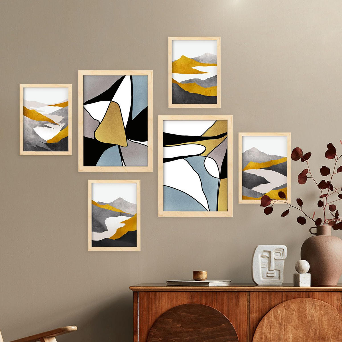POSTER Set Mit 6 Gattung Naturen 1 In Kulissen Abstracts Ästhetische Dekorative Gemälde Für Ihr Wohnzimmer Zuhause A3 & A4 Rahmen Aus Hellem Holz - Beige, Papier (29/3cm) - Nacnic