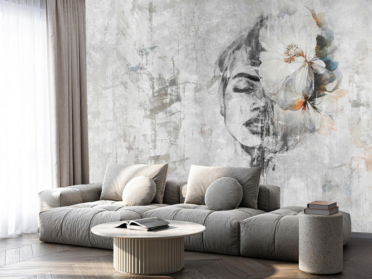 FOTOTAPETE für Schlafzimmer Frau Porträt Blume Beton Abstraktion 200x140 - Blau/Orange, Papier (200/140cm) - Muralo