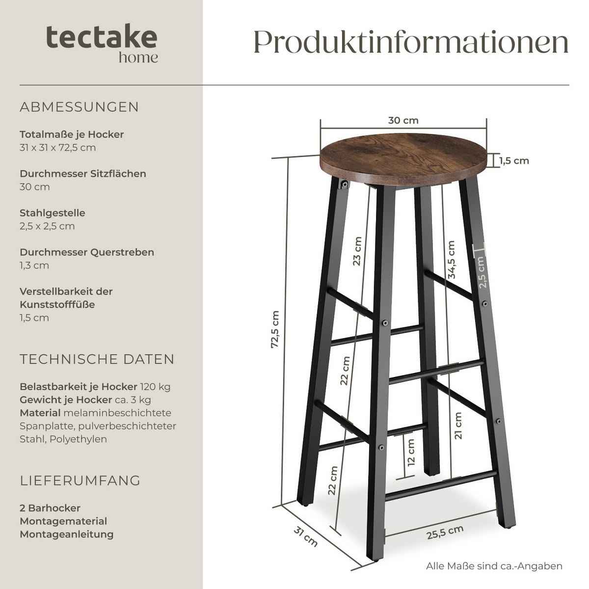 BARHOCKER 2er Set Keynes,Sitzhöhe 72,5 cm,Industrial Holz dunkel - Rostfarben, Holzwerkstoff (31/72.5/31cm) - tectake