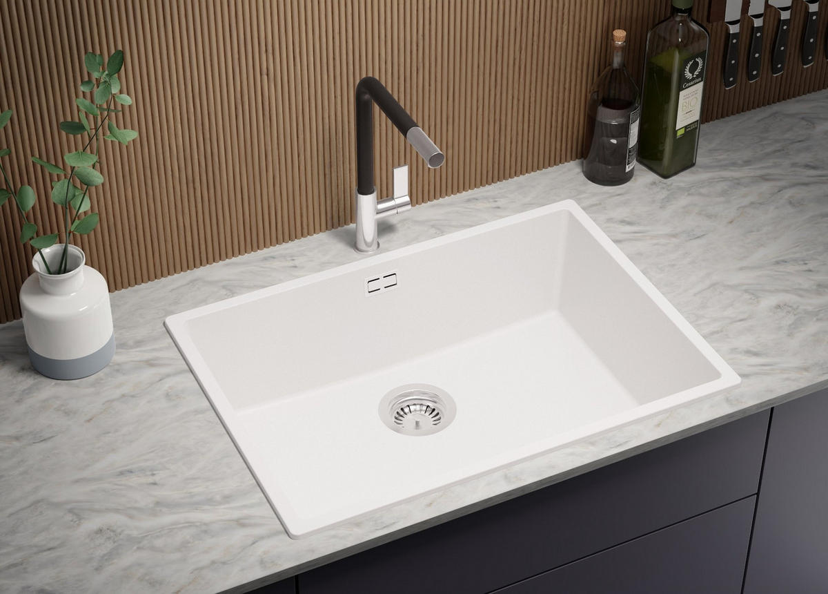 SPÜLBECKEN London Slim, 2-er set Alles Weiß 66/47 cm 1 Becken + Ablauf-Set ab 70er Unterschrank - Weiß, Kunststoff (66/20/47cm) - Primagran