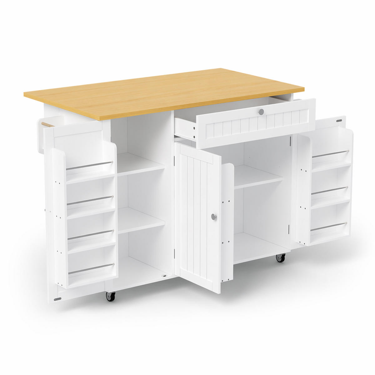 KÜCHENINSEL 120 cm FSC MDF Natur Weiß mit Klappbarer Arbeitsplatte und Bartisch Funktion - Weiß, Holzwerkstoff (70/92/120cm) - Korfee