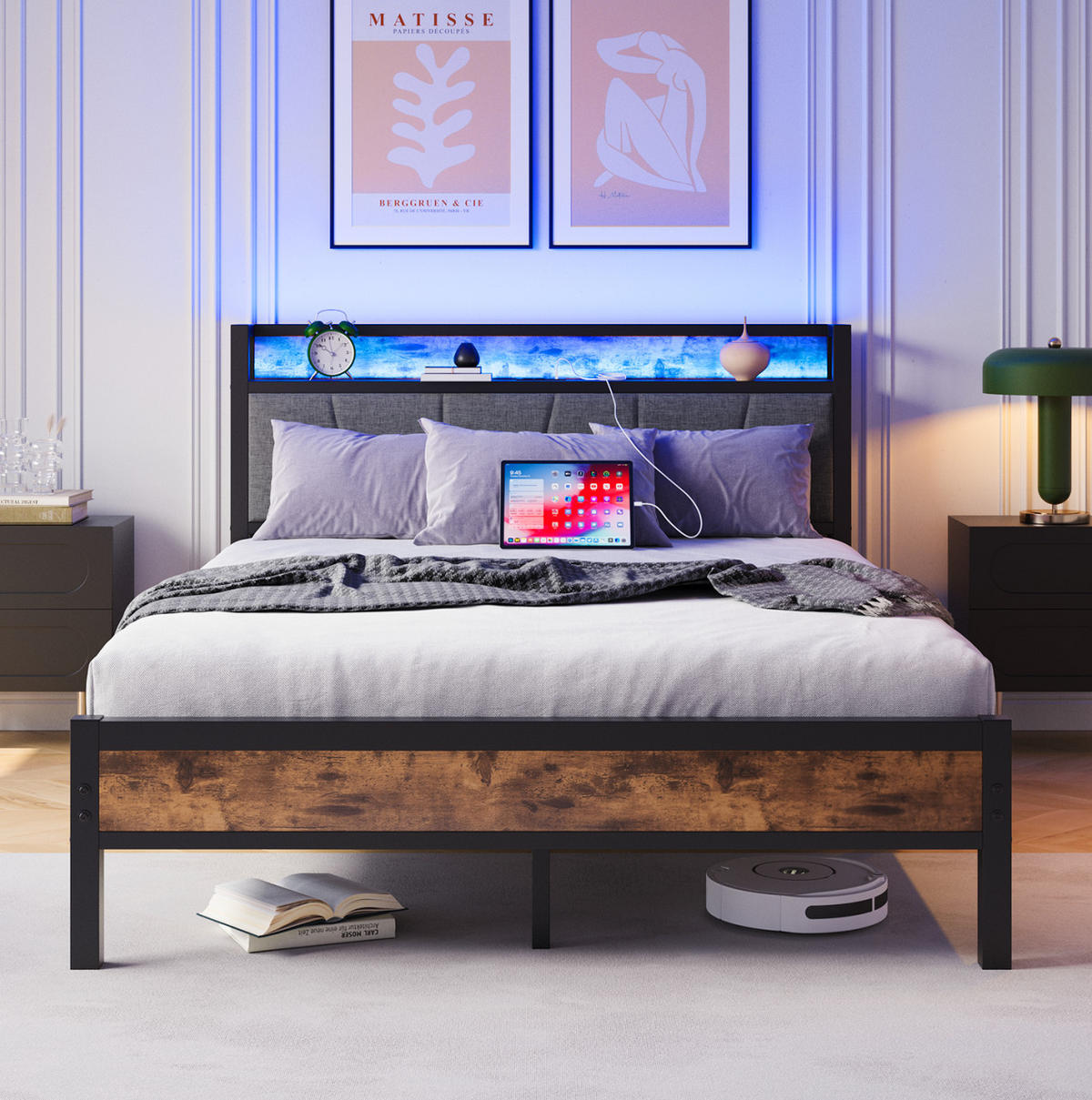 POLSTERBETT 140/200 cm mit LED-Beleuchtung, USB und Stauraum-Kopfteil, MDF/Metall, Antikbraun - Rotbraun, Holzwerkstoff (140/200cm) - Redom