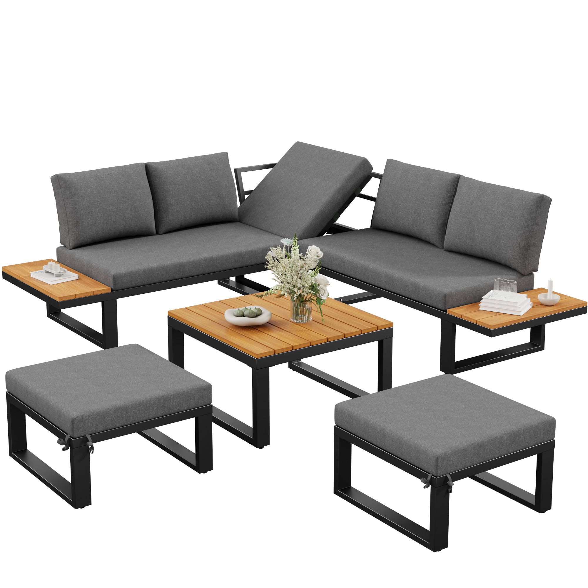 GARTENLOUNGE-SET für 6 Personen 6-teiliges Garten-Essgruppe für Balkon & Terrasse - Schwarz/Naturfarben, Textil/Metall - STILVORA