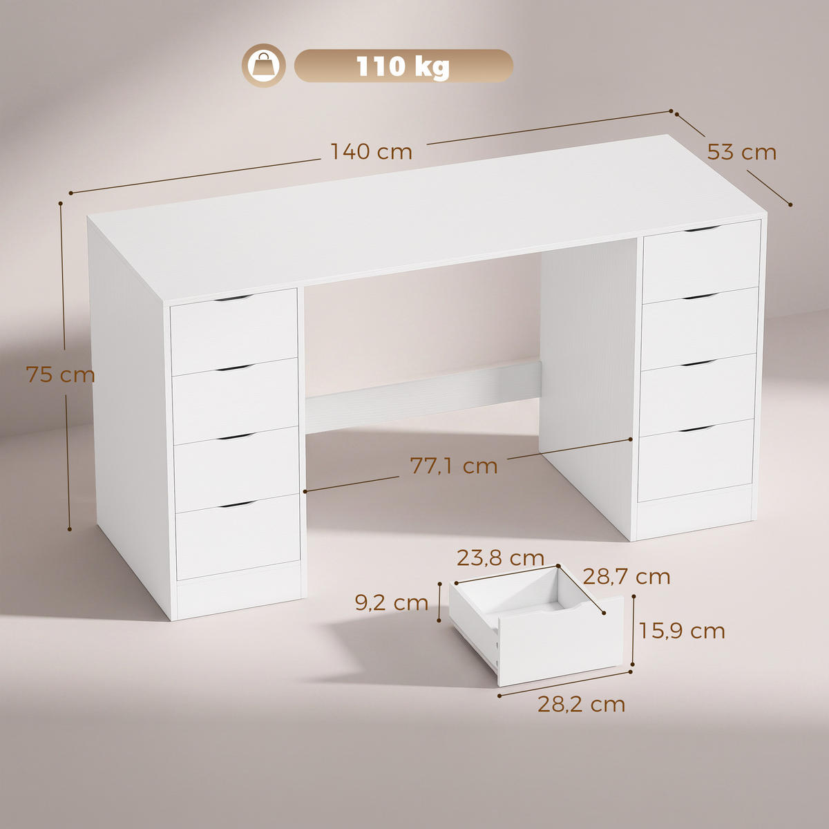 SCHREIBTISCH Spanplatte MDF Weiß - Weiß, Holzwerkstoff (140/53/75cm) - HOMCOM