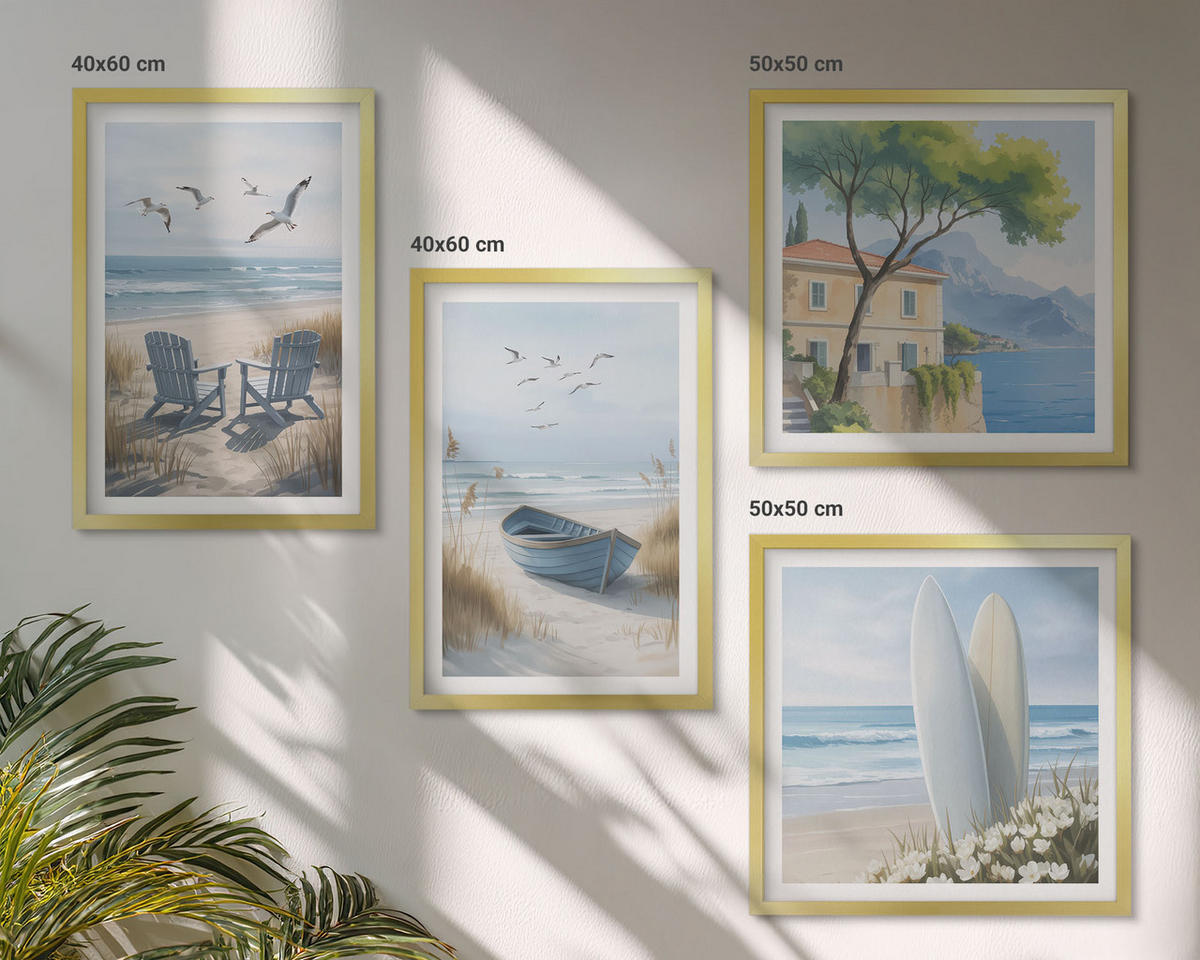 BILDER SET 4er Set - 50x50 cm & 40x60 cm Goldrahmen - Strandbretter, Surfboote, Vögel - Goldfarben, Kunststoff (50/50cm) - TULUP