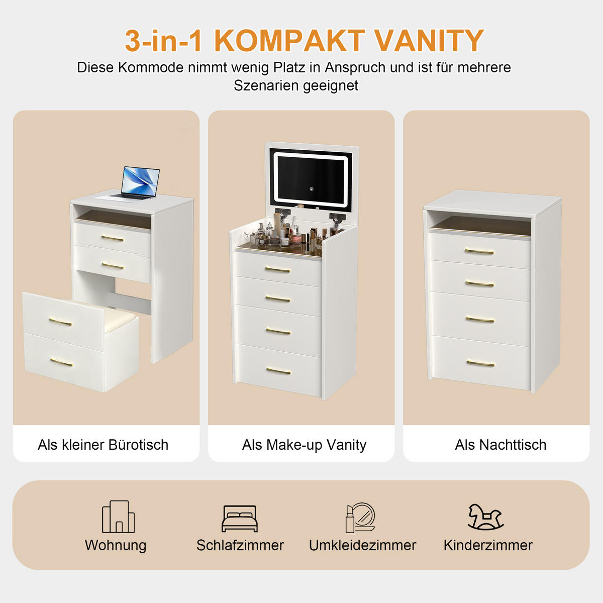 SCHMINKTISCH 3-in-1 Nachttisch (60 cm) in Weiß mit Klappspiegel, Glasplatte & Hocker - Weiß, Holzwerkstoff/Metall (60/118/40cm) - Urban Meuble