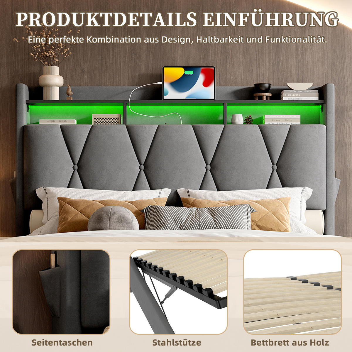 POLSTERBETT 140/200 cm mit LED-Beleuchtung, USB- und Type-C-Anschluss, Stauraum-Kopfteil und Bettkasten, Dunkelgrau - Dunkelgrau, Textil (140/200cm) - Redom