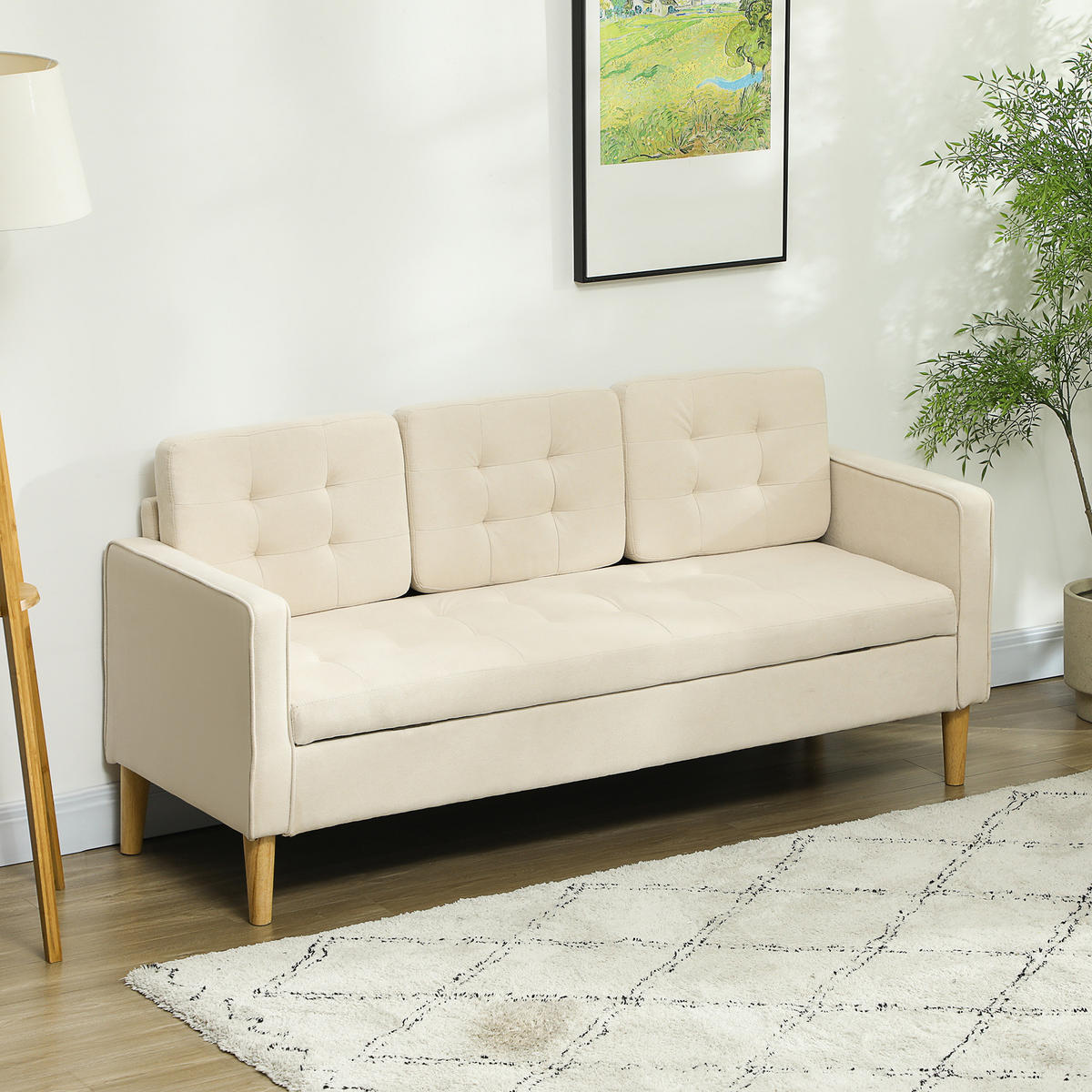 3 Sitzer Sofa, Couch mit Stauraum, Holzbeine, Samtoptik für Wohnzimmer - Creme/Naturfarben, Holz/Textil (62/82/166.5cm) - HOMCOM