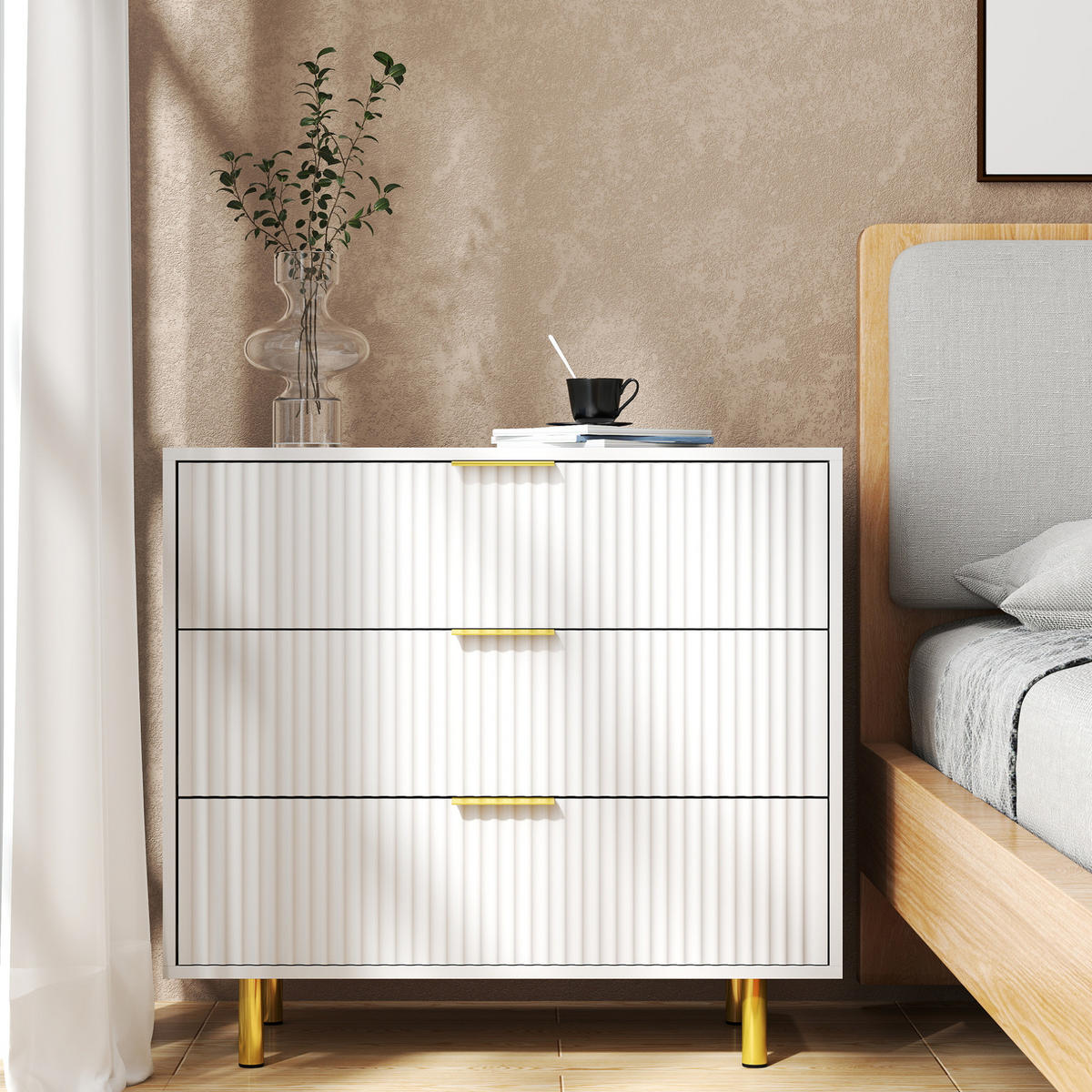 KOMMODE 80/40/72 cm mit 3 Schubladen und goldfarbenen Metallgriffen - Weiß, Holzwerkstoff (80/72/40cm) - BEAOK