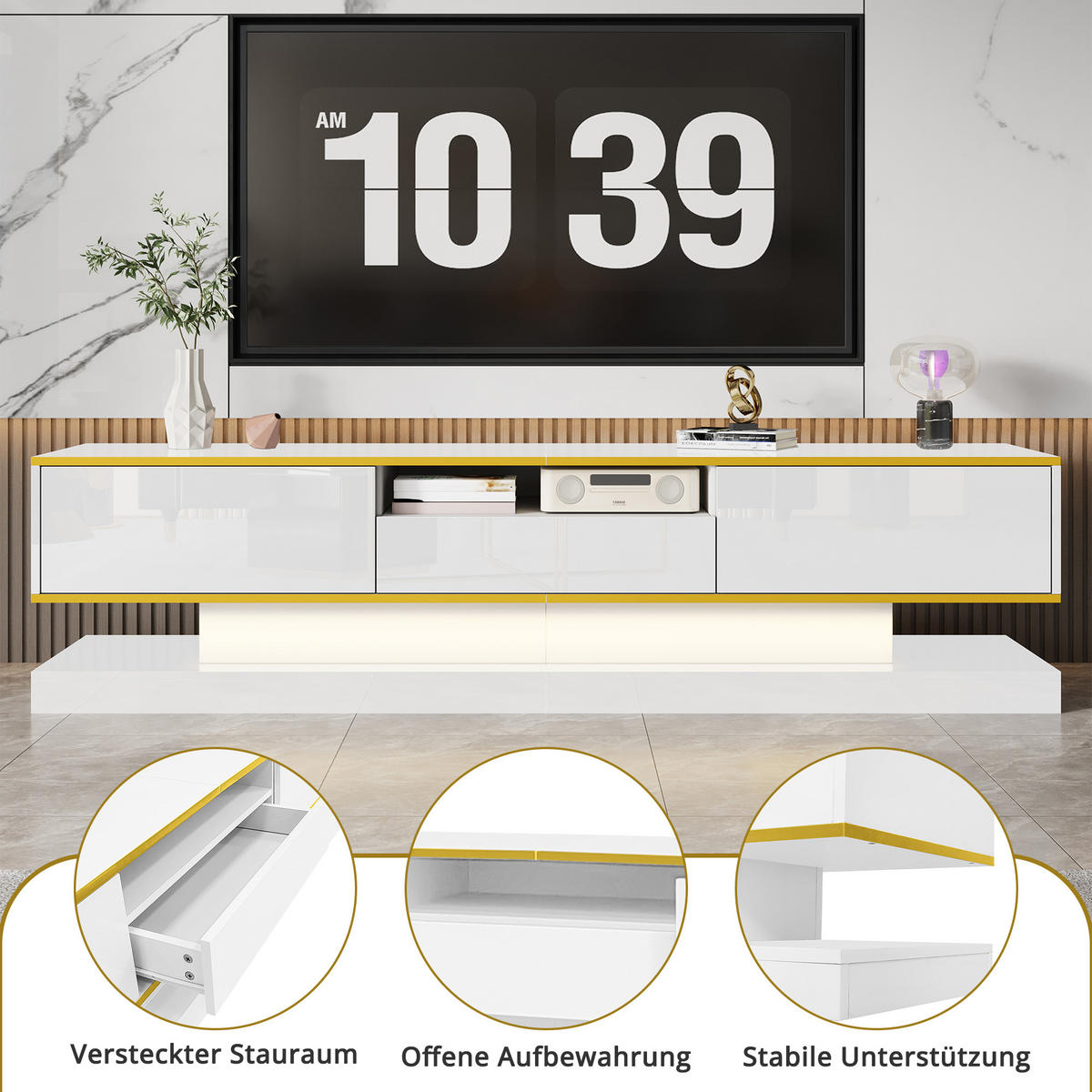 TV-SCHRANK Lowboard 180x38x45 cm LED Hochglanz - Goldfarben, Holzwerkstoff (180/45/38cm) - Fortuna Lai