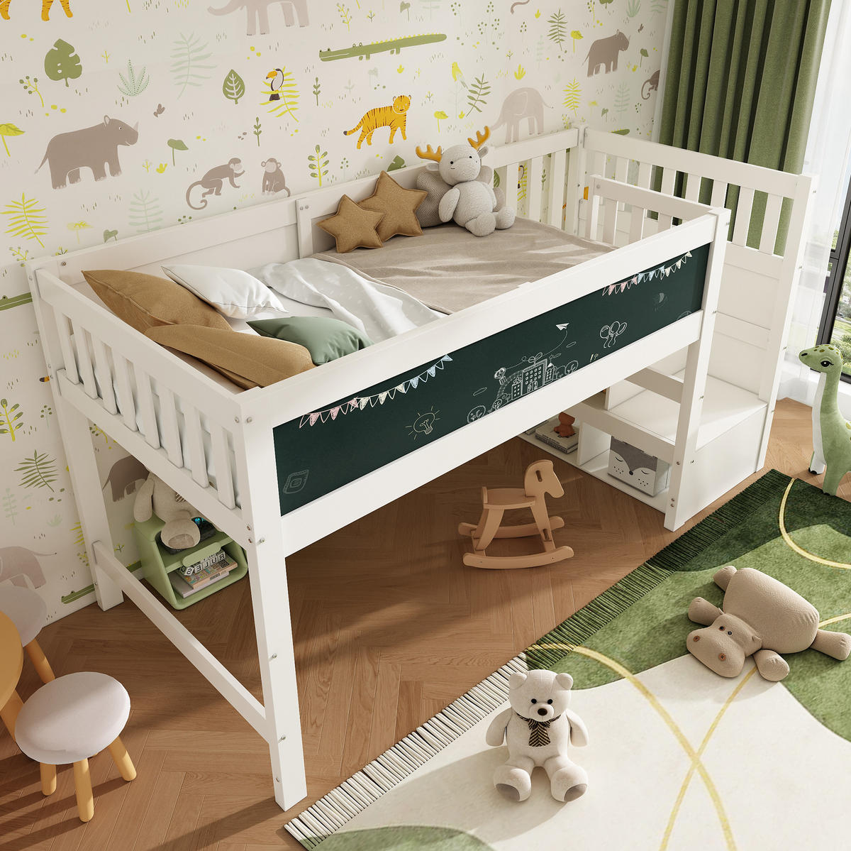 KINDEREINZELBETTEN aus Massivholz und MDF 90x200 cm in Weiß mit Treppe, Stauraum & Tafel - Weiß, Holzwerkstoff (90/200cm) - Modfu