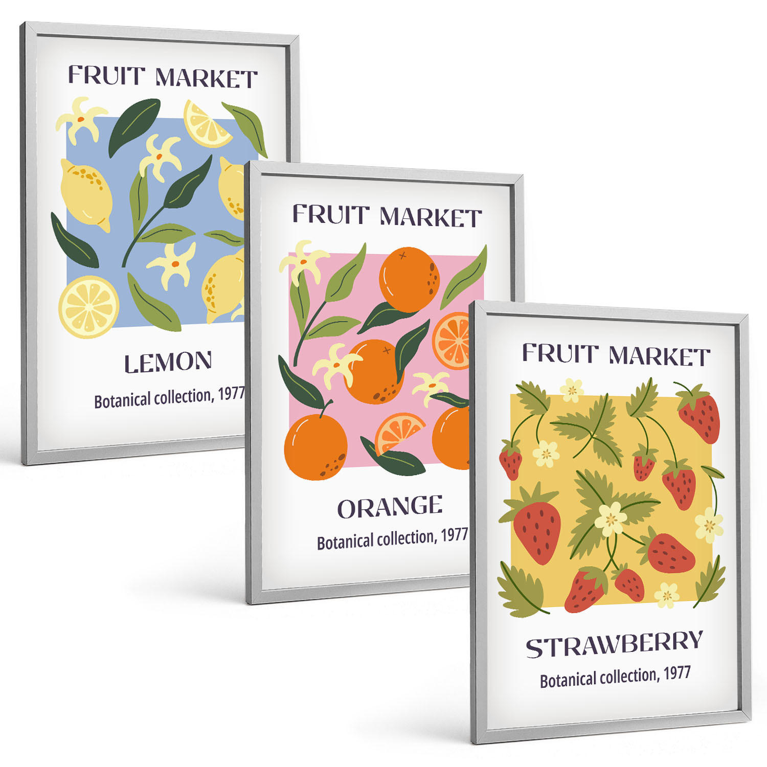 BILDER SET 3er Set - 40x60 cm Silberner Rahmen - Fruchtposter Zitronen Erdbeeren - Silberfarben, Kunststoff (40/60cm) - TULUP