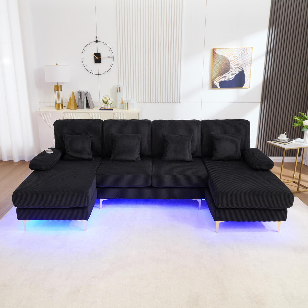 U-SOFA Wohnlandschaft Samt mit LED-Beleuchtung und USB-Anschluss 265/135/88 cm Schwarz - Schwarz, Textil (135/88/265cm) - Redom