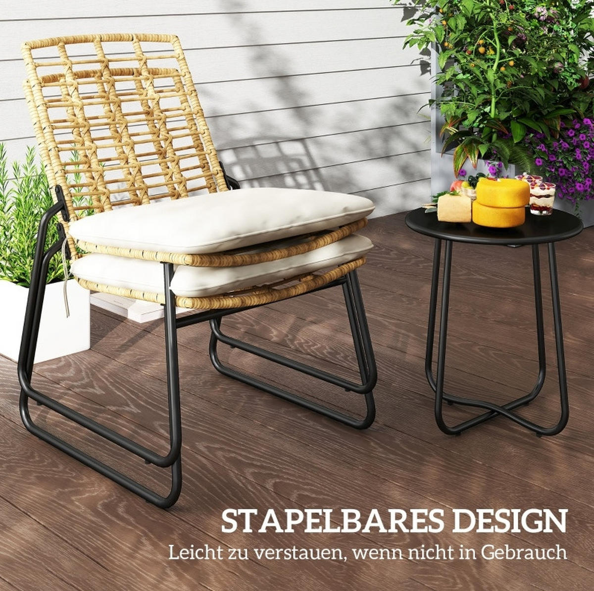 GARTENMÖBEL-SET 56/67/78 cm beige aus Rattan mit stapelbaren Stühlen - Beige, Naturmaterialen - OKWISH